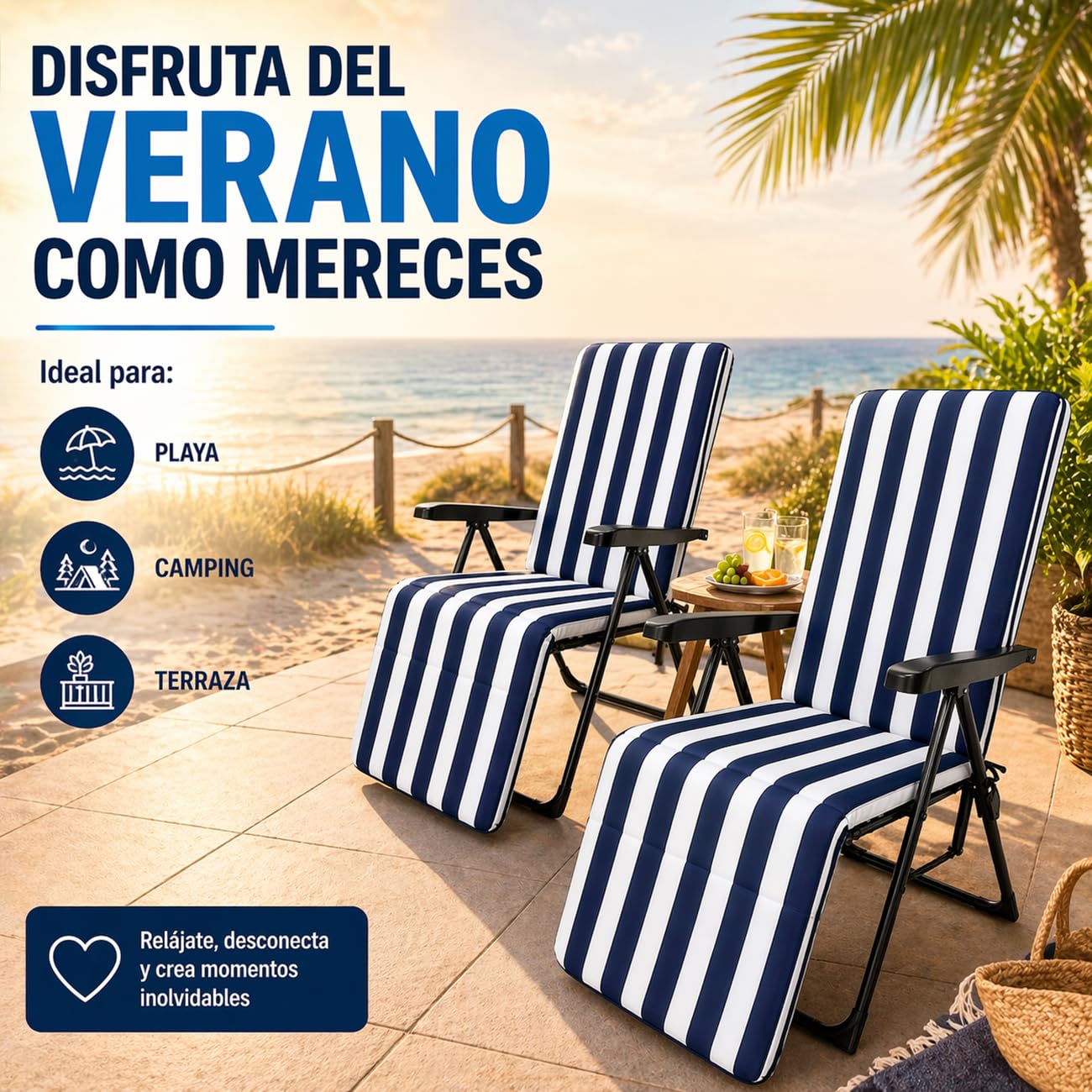 TIENDA EURASIA – Pack 2 Tumbonas Plegables de Camping | Diseño Marinero | 5 Posiciones Reclinables | 84x58x106 cm | Estructura de Aluminio | Soporta hasta 100 kg | Tejido Resistente | Playa y Jardin