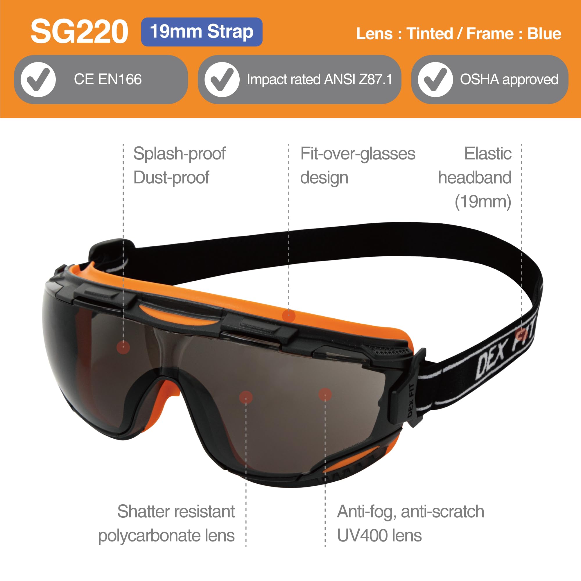 DEX FIT Lunettes de sécurité SG220 ; anti-buée et anti-rayures, protection des yeux Z87 pour travaux de laboratoire, de science et de chimie, réglables pour homme et femme, monture noire et orange,