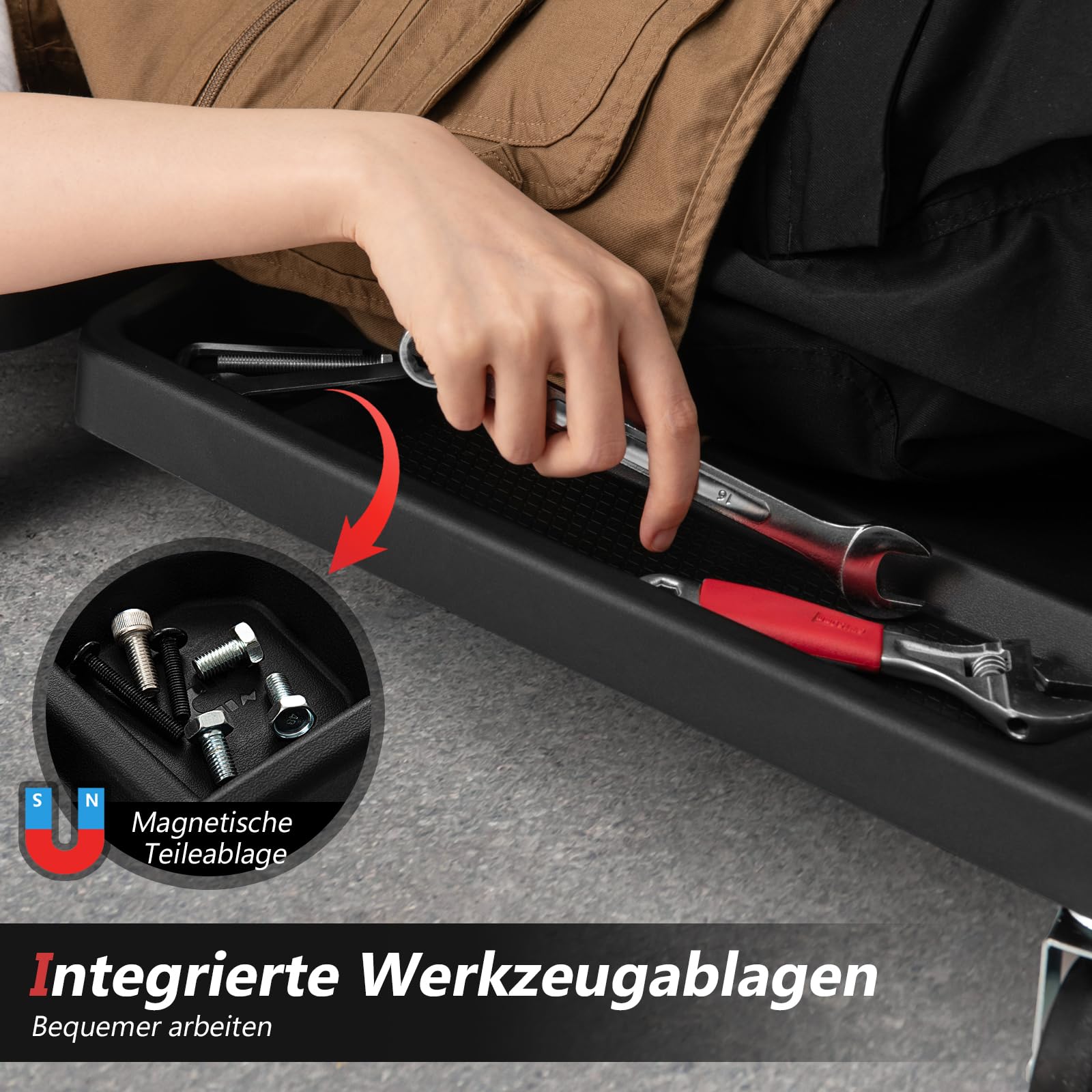 GOPLUS Rollbrett, Transportroller mit 500 kg Tragfähigkeit und 6 beweglichen Rollen, Montagerollbrett mit Kopfstütze, Werkzeugablagen, Werkstattliege für Garage, Werkstatt & Kfz-Reparaturen