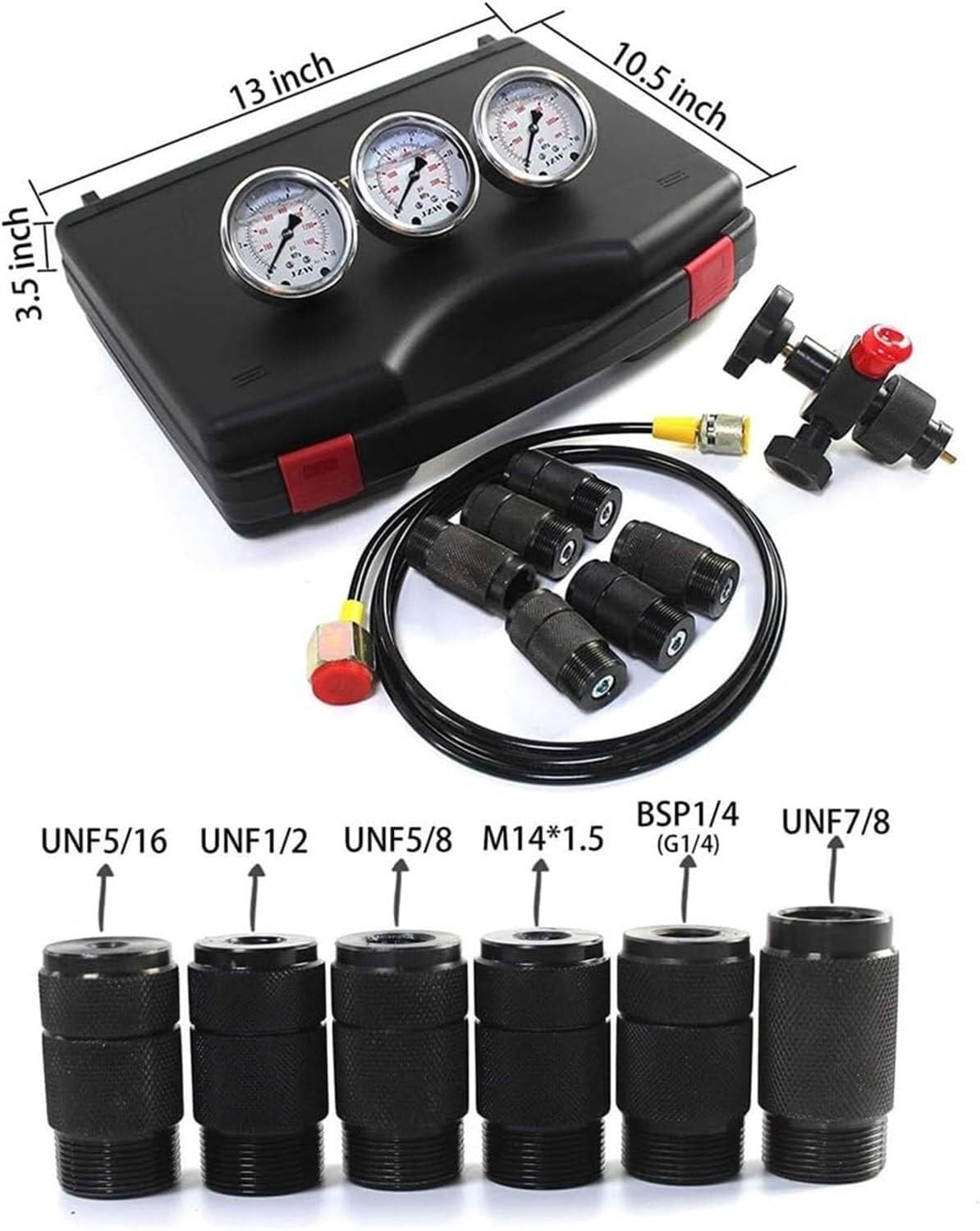 Kit de Carga de acumulador de nitrógeno hidráulico, Kit de llenado de nitrógeno, Sistema de Prueba de presión, Herramientas de Carga de Gas con 7 s, 3 manómetros, 1 Manguera de Gas