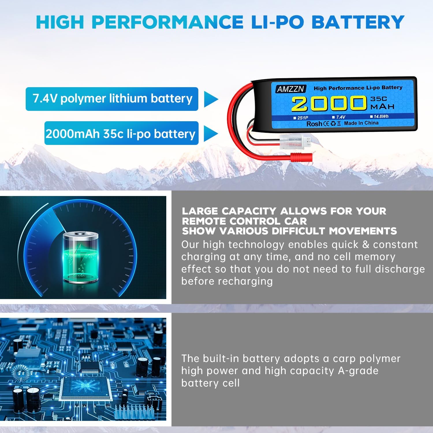7.4V 2000mAh 35C 2S Lipo Battery with 3.5mm Banana Plug and USB Charging Cable for RC Car,Truck,Model Car,RC Ship,RC Quadcopter Aircraft,FPV Drone Battery