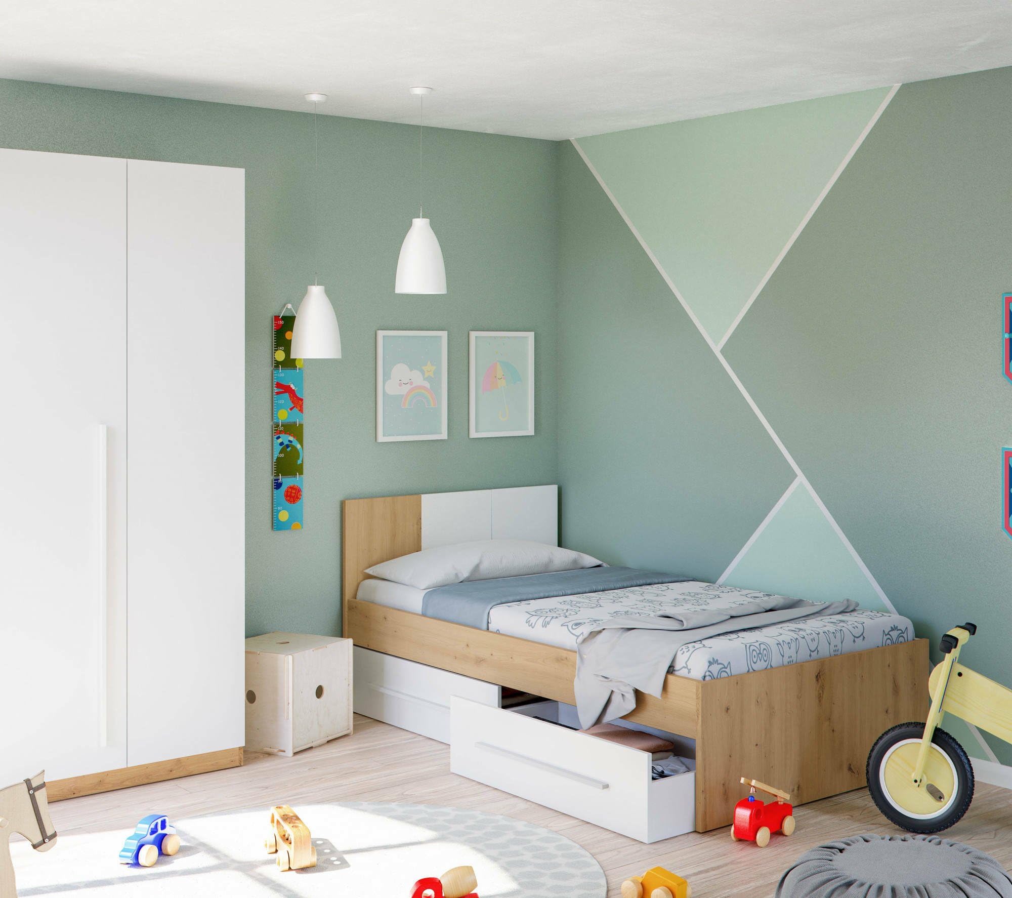 Dmora - Letto per bambini Anaheim, Letto singolo contenitore con testiera, Struttura letto 2 cassetti, 196x97h77 cm, Rovere nodi e Bianco