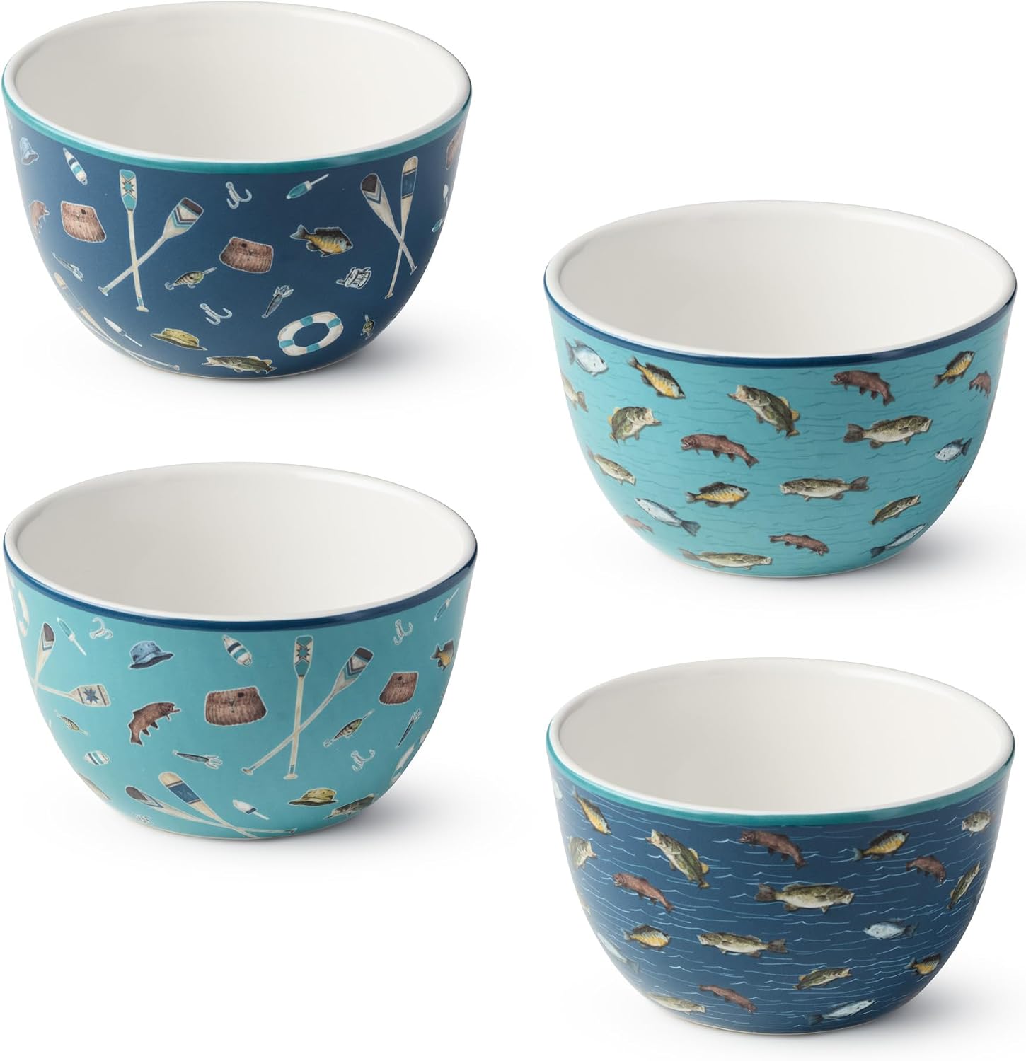 Certified International Wake at the Lake Ice Cream Bowls, Set of 4, 5.25-Inch Lakeside-Inspired Designs with Fish & Oars, Durable Ceramic, Dishwasher & Microwave Safe, Perfect for Desserts & Snacks