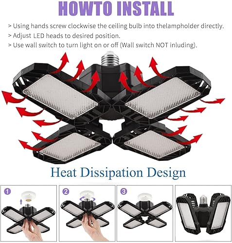 Miniatura 6 de Paquete de 2 luces LED de garaje de 80 W, iluminación de garaje  8000LM 6500K luces LED deformables de techo de garaje, luz LED para tienda con