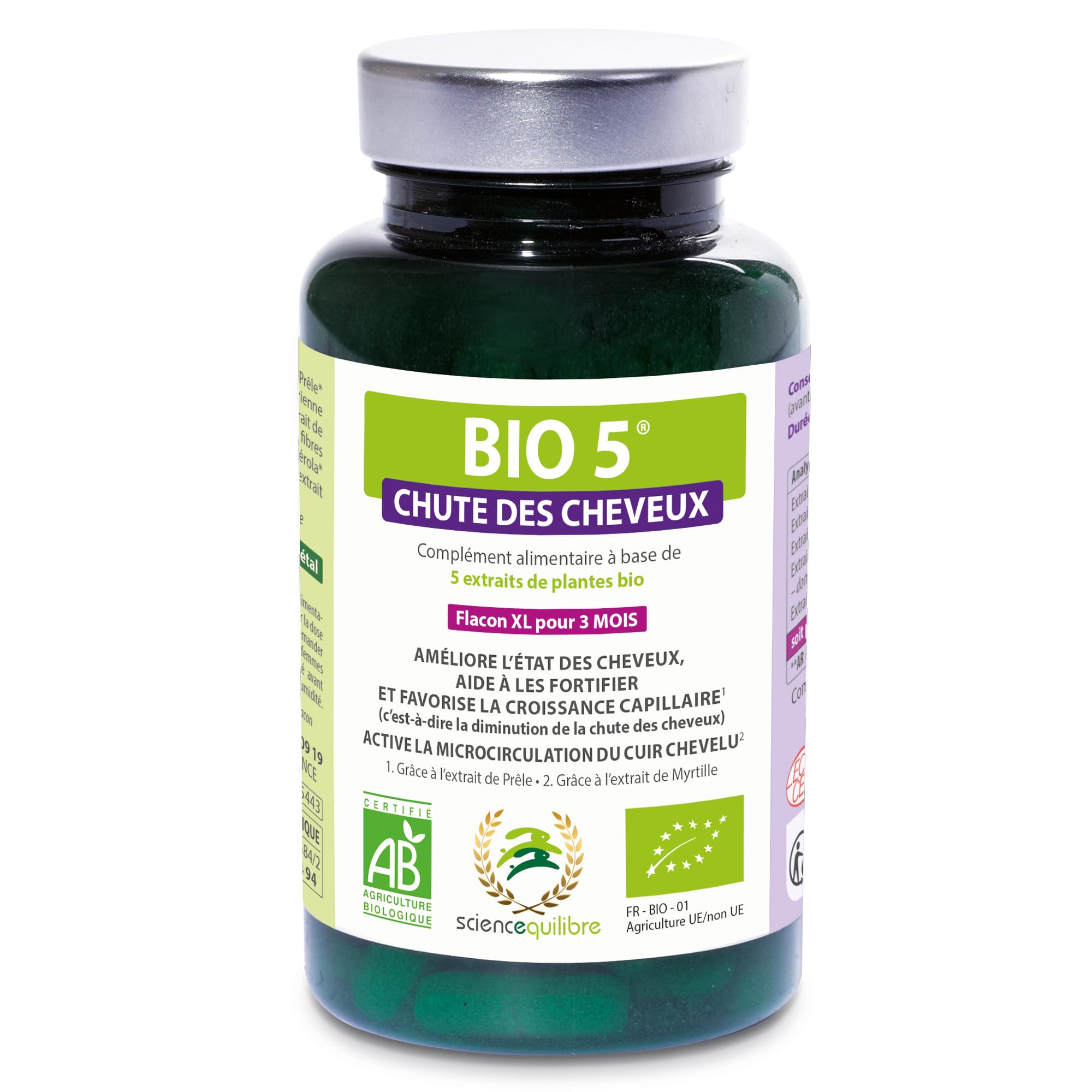BIO 5 Chute des Cheveux – Anti-Chute Bio – 90 Comprimés (3 Mois) – Cheveux Fins & Clairsemés – Complément Alimentaire – Homme & Femme – Fabriqué en France