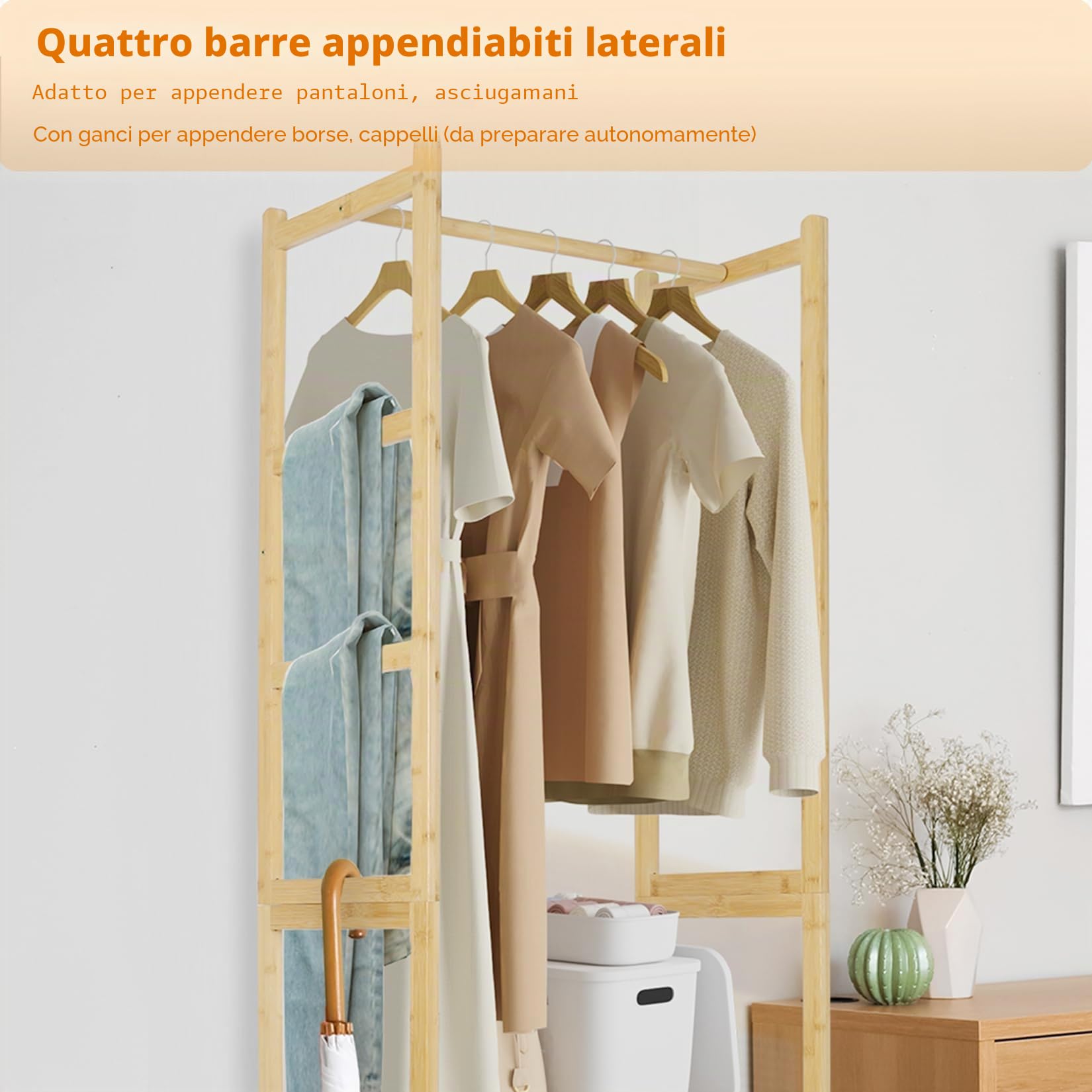UNHO Appendiabiti da Terra Bambù: Armadio Aperto Guardaroba a giorno Stand Appendiabiti Attaccapanni con Ripiano Armadietti Autoportante per camera da letto soggiorno 53x32x168cm