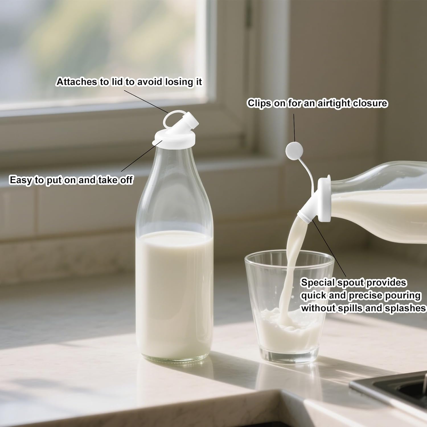 6pcs Silicone Milk Bottle Dispenser Caps, 1.89 Inch Reusable Diameter Pour Spout Tops Leak Proof Replacement Lids Suitable for Homemade Beverages (White)