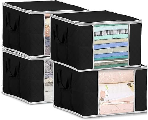 Juego de 4 bolsas de almacenamiento de gran capacidad de 90 litros para debajo de la cama, plegables con cremallera, ventana transparente y asa