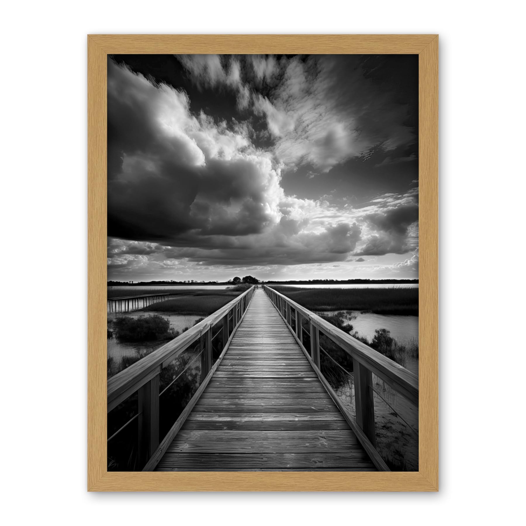 Artery8 Wooden Bridge River Landscape Black and White Artwork Framed Wall Art Print 18X24 Inch