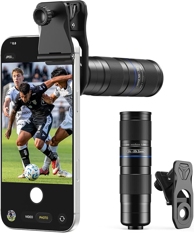 Teleobjetivo zoom 5-10X para iPhone y Android, aumento óptico, lente universal para cámara de teléfono con clip, cuerpo de aluminio de aviación para fotografía de viajes, deportes y conciertos