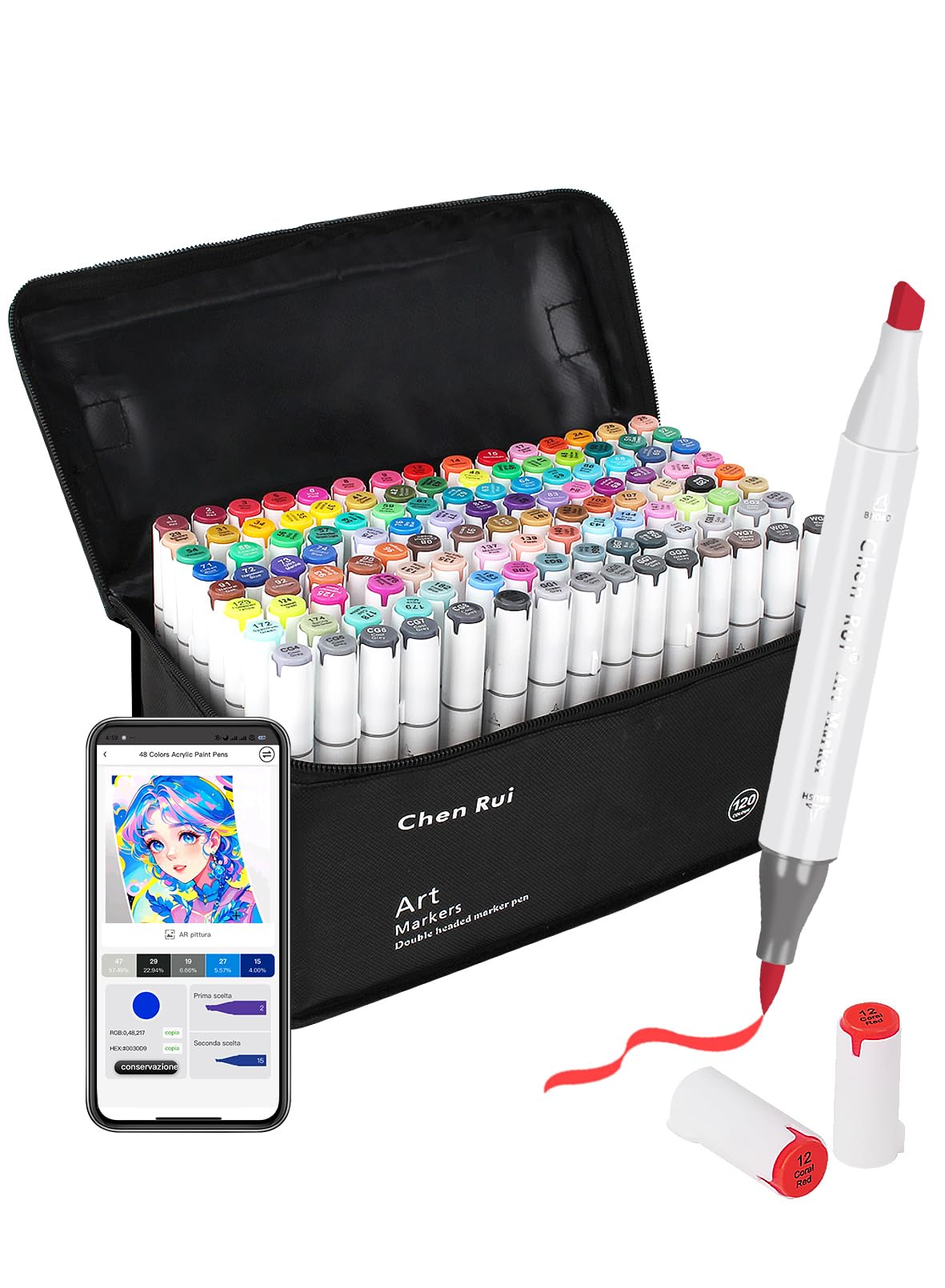 Chen Rui 120 Colori Pennarelli ad Alcool con App, Marcatori Doppia Punta | Pennello e Grossa | Codice Colore | Miscelabile | Sicuro | Markers per Calligrafia, Disegno, Pittura, Illustrazioni