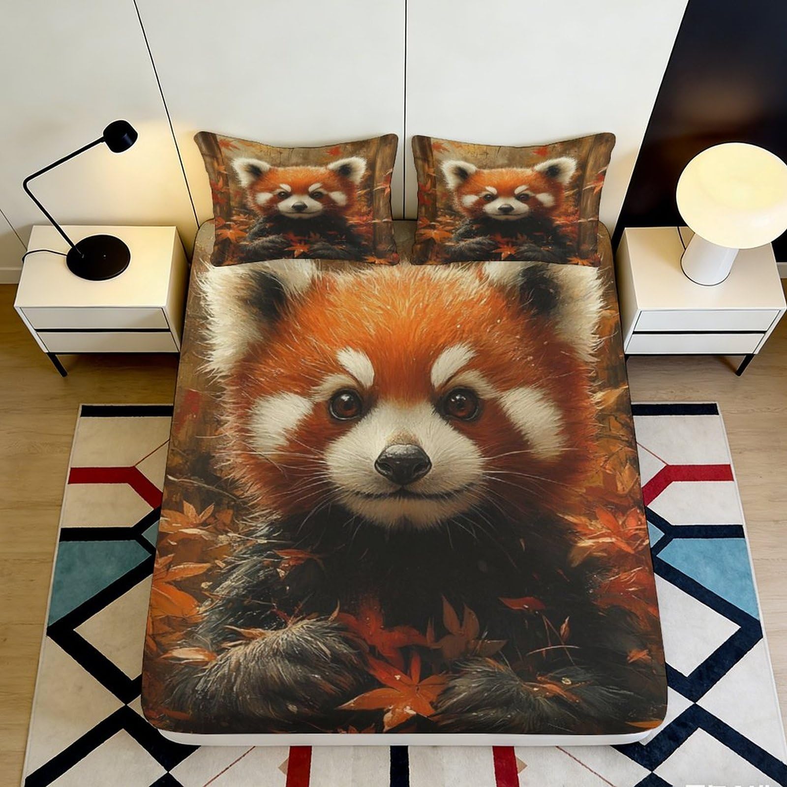 3D Printed Red Panda Fitted Sheet Microfiber Soft Autumn Leaves Bed Sheet for Bedroom Dorm Mattress Protection 90x200x25cm