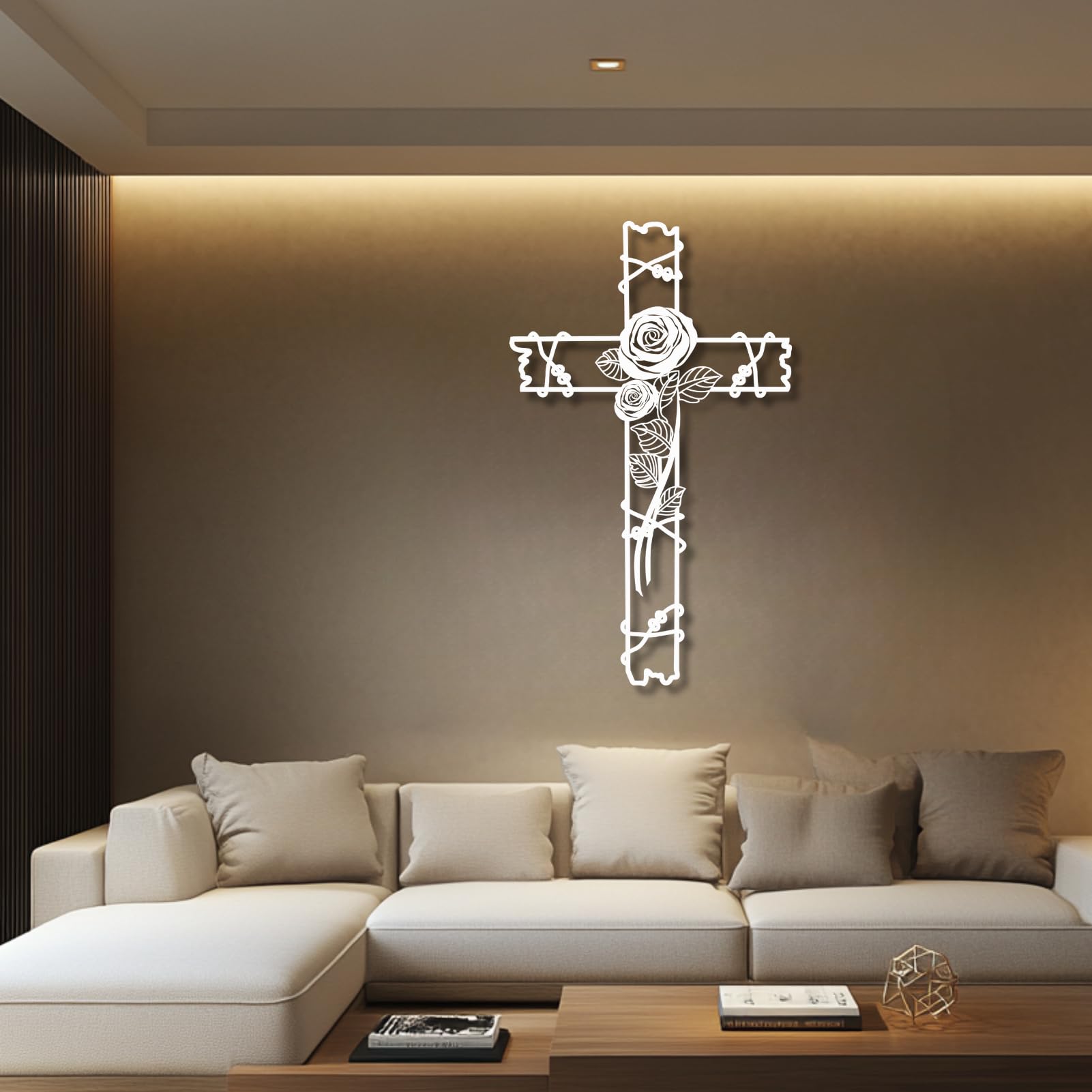 Metalowy czarny kwiatowy krzyż na ścianę, rustykalny metalowy religijny motyw ścienny, dekoracja kościoła, dekoracja salonu, sypialni, korytarza i schodów, naturalny wystrój domu (czarny, 48