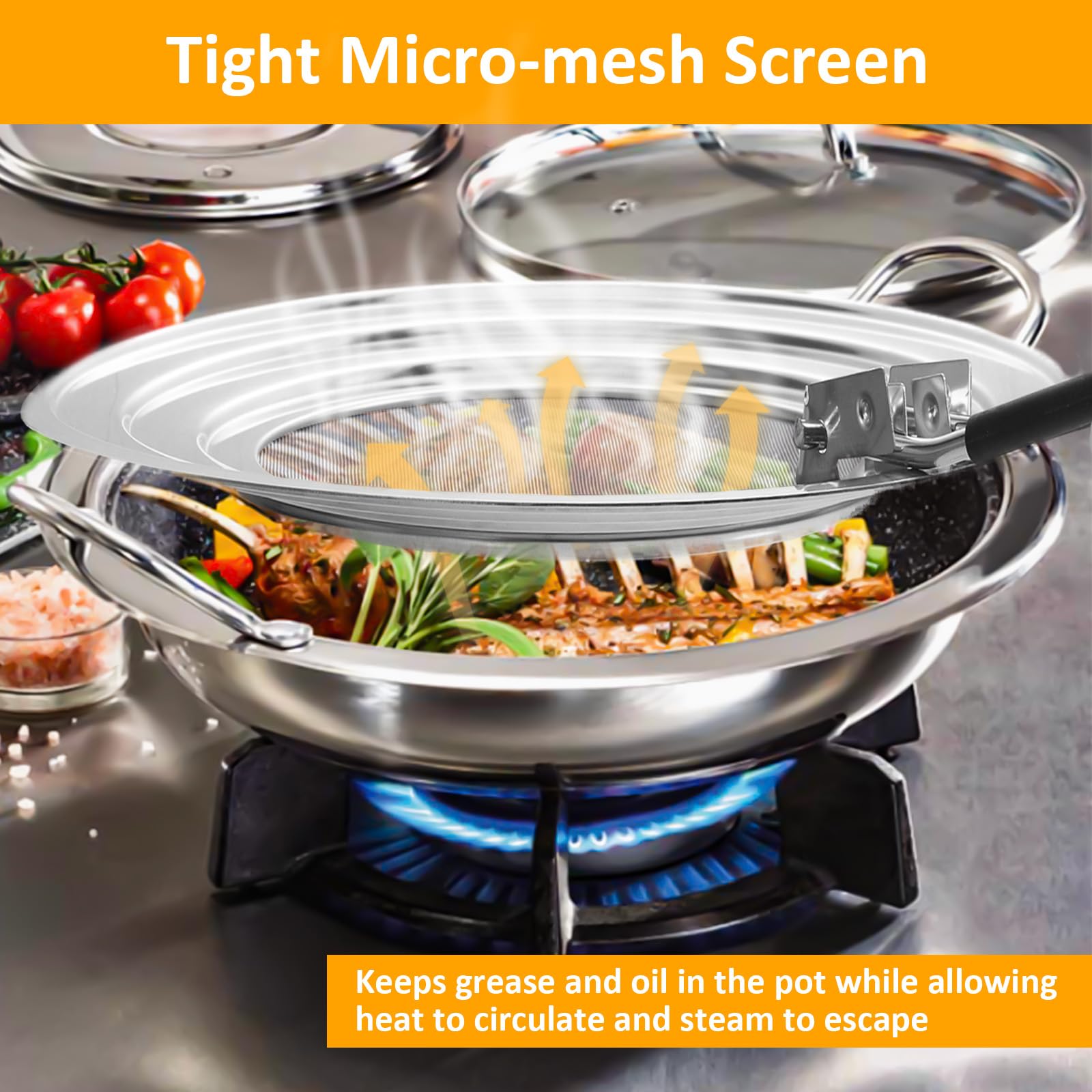 Paraschizzi Per Padella In Acciaio Inox 30cm - Con Manico Pieghevole In Silicone, Universale - Foto 13