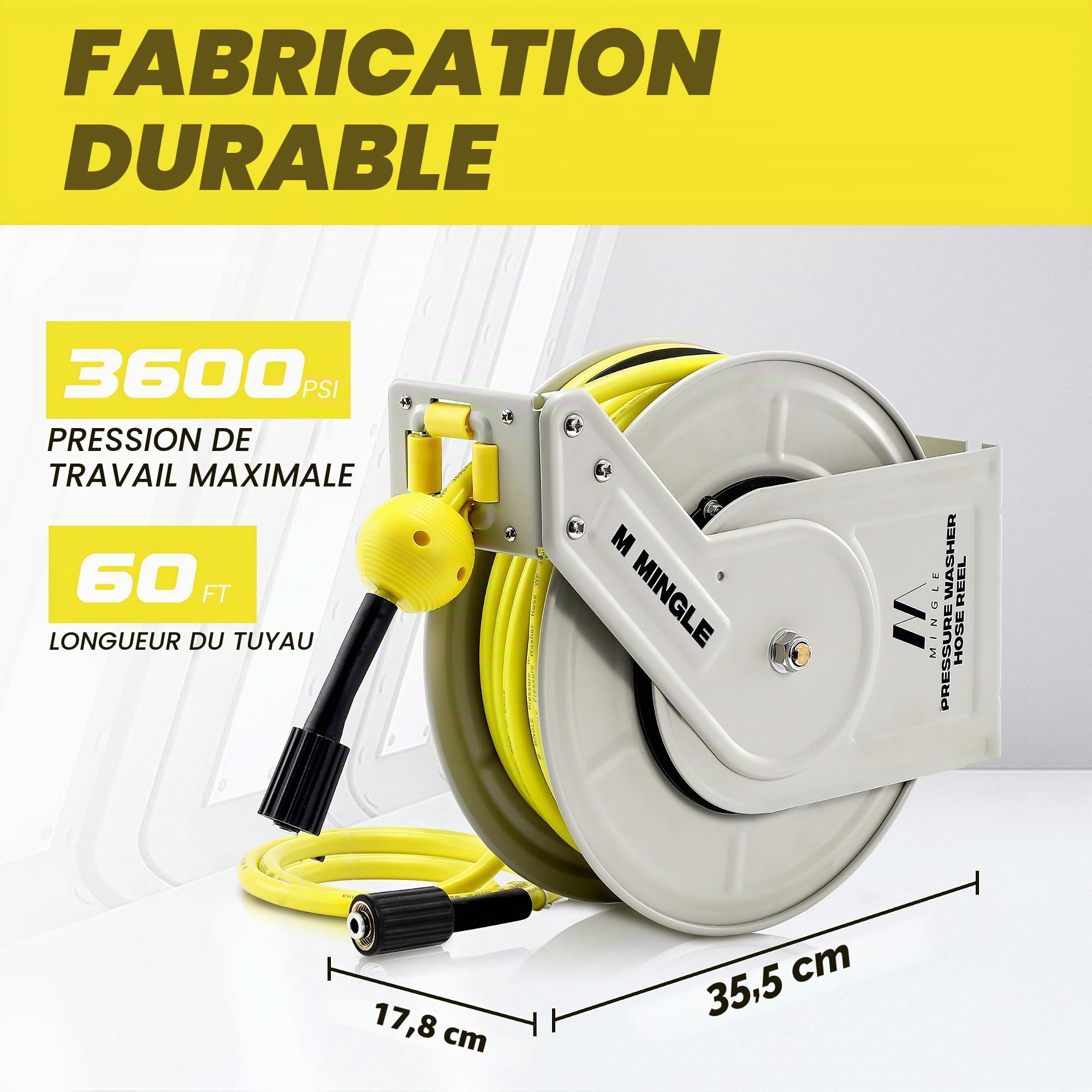 M MINGLE Enrouleur de Tuyau Rétractable pour Nettoyeur Haute Pression, Compatible avec les Séries Karcher K2, K3, K4, K5, K6, K7, 1/4" (6,35 mm) × 18 m, Montage Murale, 250 bar (3600 PSI)