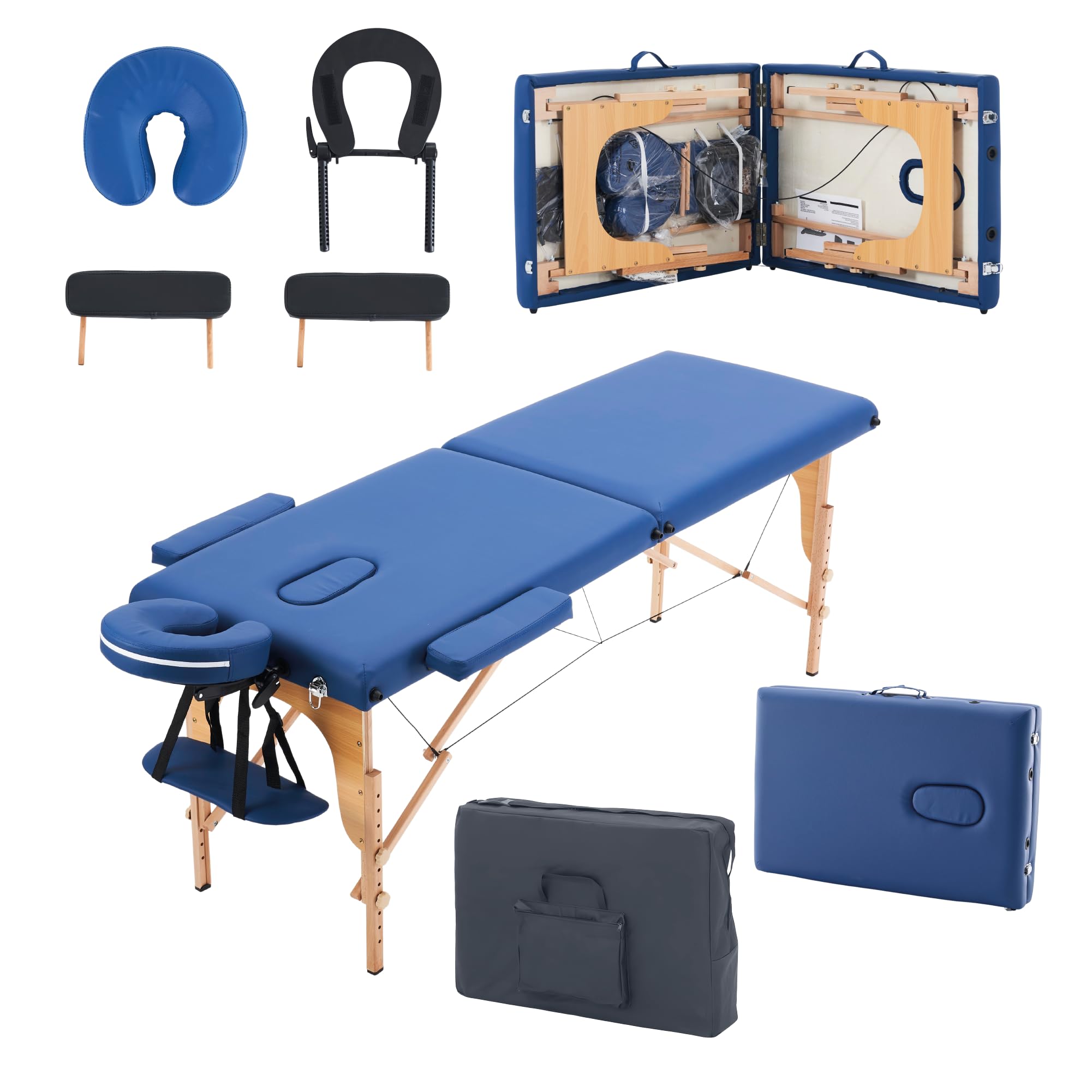 Massage Table Portable, Foldable Bed Adjustable Height w/Carry Bag, Spa Lash Tattoo, 73x24x34 inch, Blue