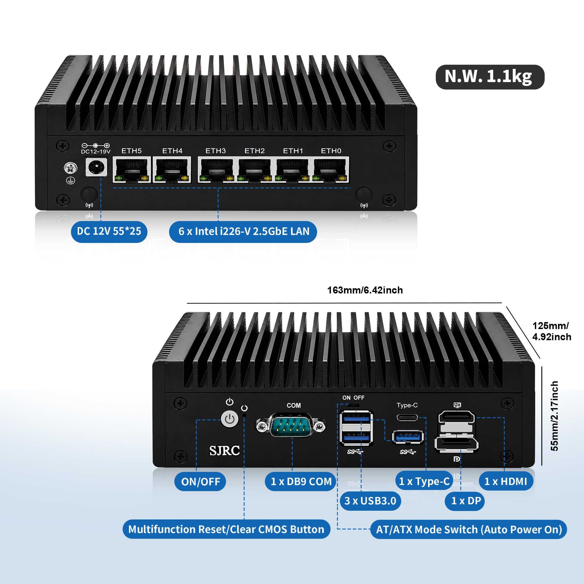 SJRC Lüfterlos Mini PC Firewall Appliance Hardware, i5-8250U, 6 x 2.5GbE i226-V, OPNsense Micro Computer Box, 16GB DDR3 RAM 256GB SSD, M.2 NVMe 3.0 x4, HD/DP/Type-C, AES-NI