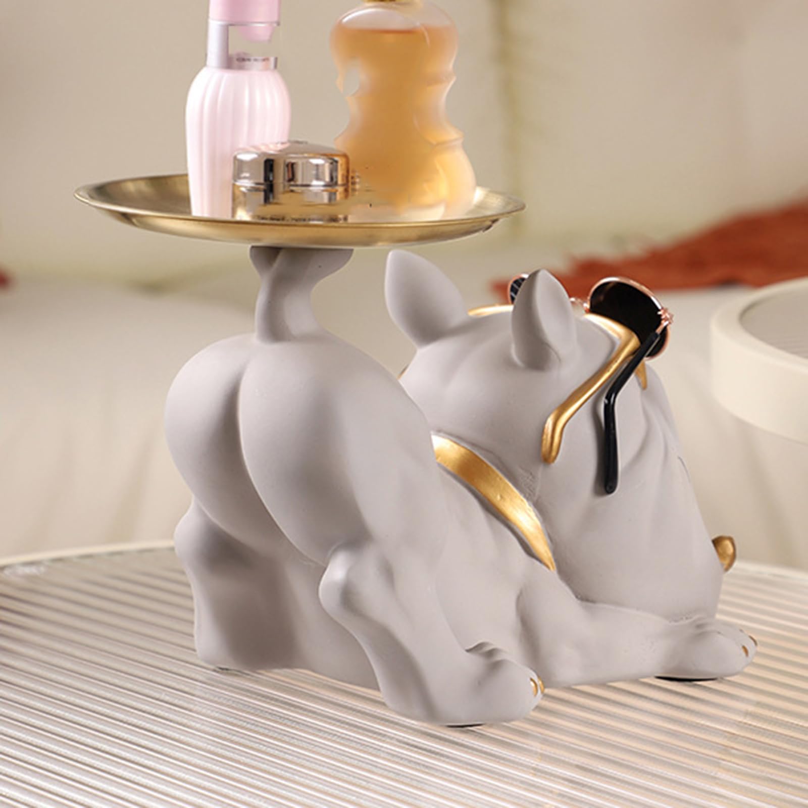 Schlüsselablage Deko Hund Skulptur, Französische Bulldogge mit Ablage Deko, für Dekoration Wohnzimmer, Schlüsselablage Flur, Büro, Wohndeko,A grün