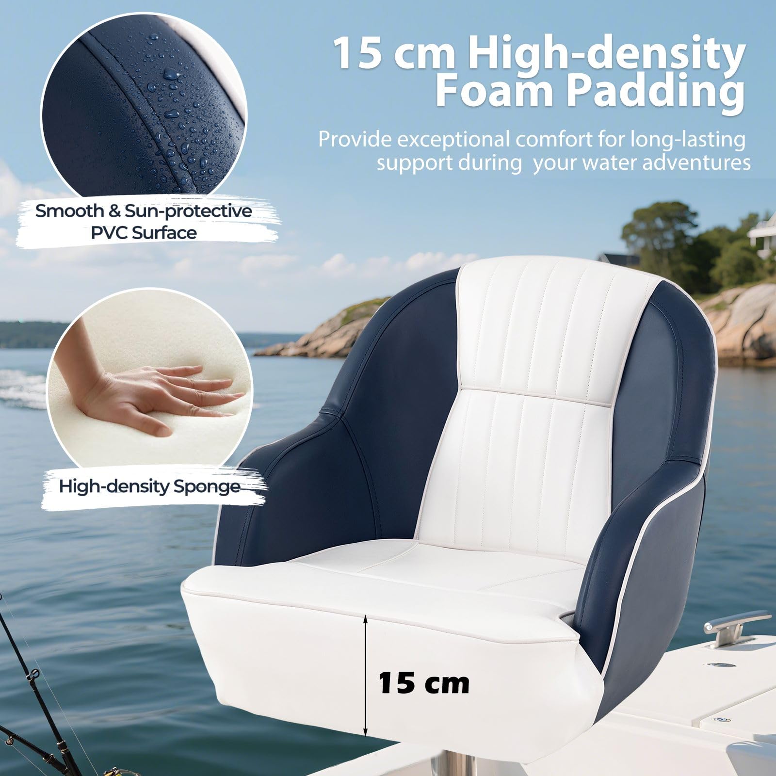 HOMASIS Sedia da Barca Imbottita con Schienale e Braccioli, Sedile per Barca Impermeabile in PVC e Schiuma, Sedile Sup Universale, Portata Fino a 150 kg (Bianco + Blu, 55 x 59 x 51 cm)