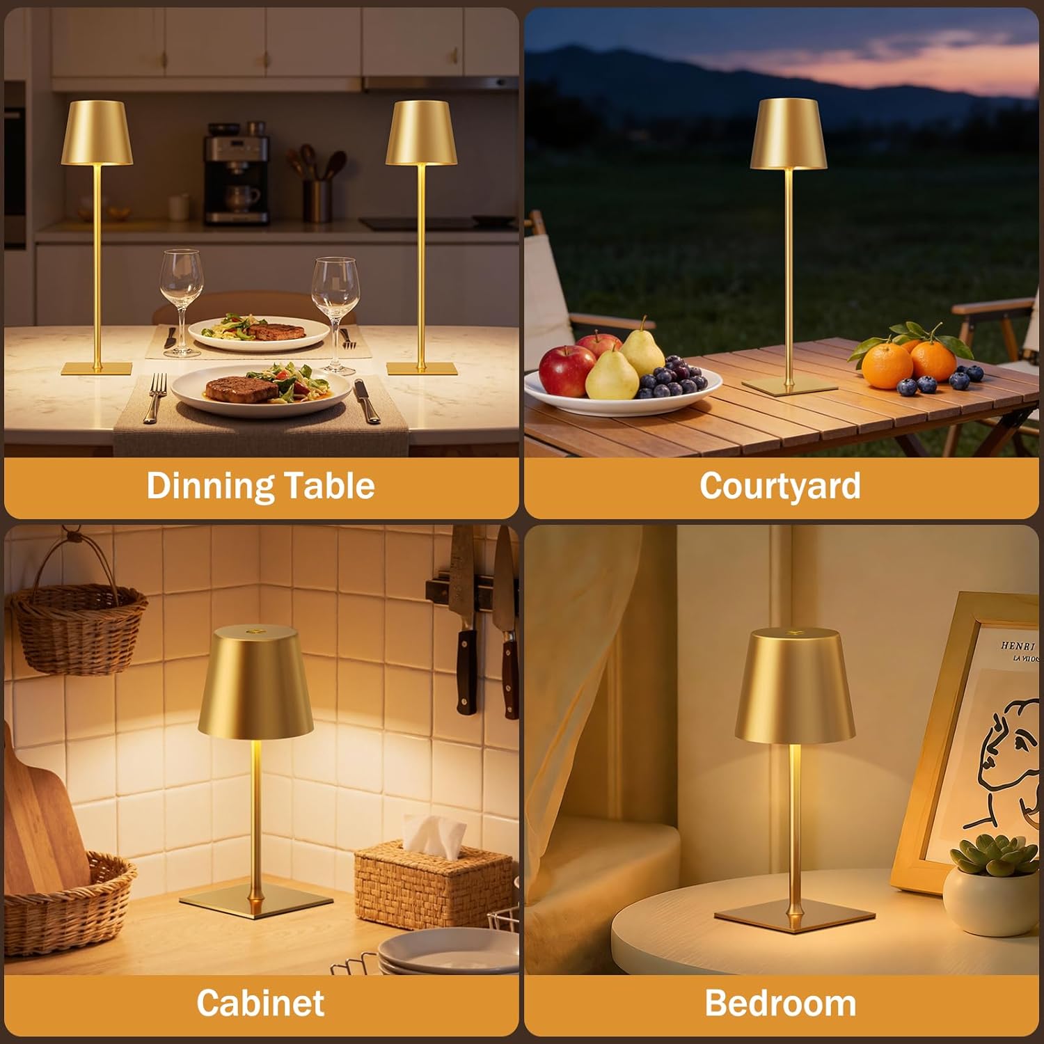 Gold Cordless Rechargeable Table Lamp, 4 Pack Portable Desk Lamp with 5000mAh Battery, Touch Control Stepless Dimming, Wireless Night Light for Dining, Outdoor Camping, Coffee Shop, Waterproof Design