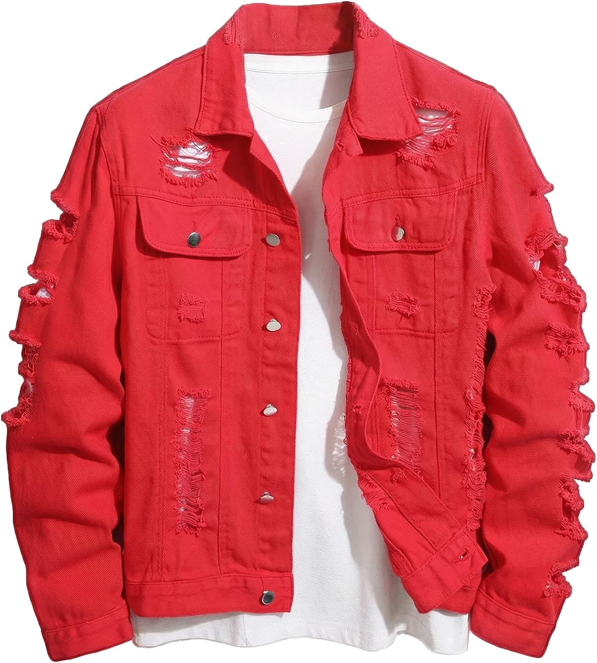 SOLY HUX Men's Ripped Denim Jacket Button Front Collared Long Sleeve Grunge Jean Jackets Streetwear