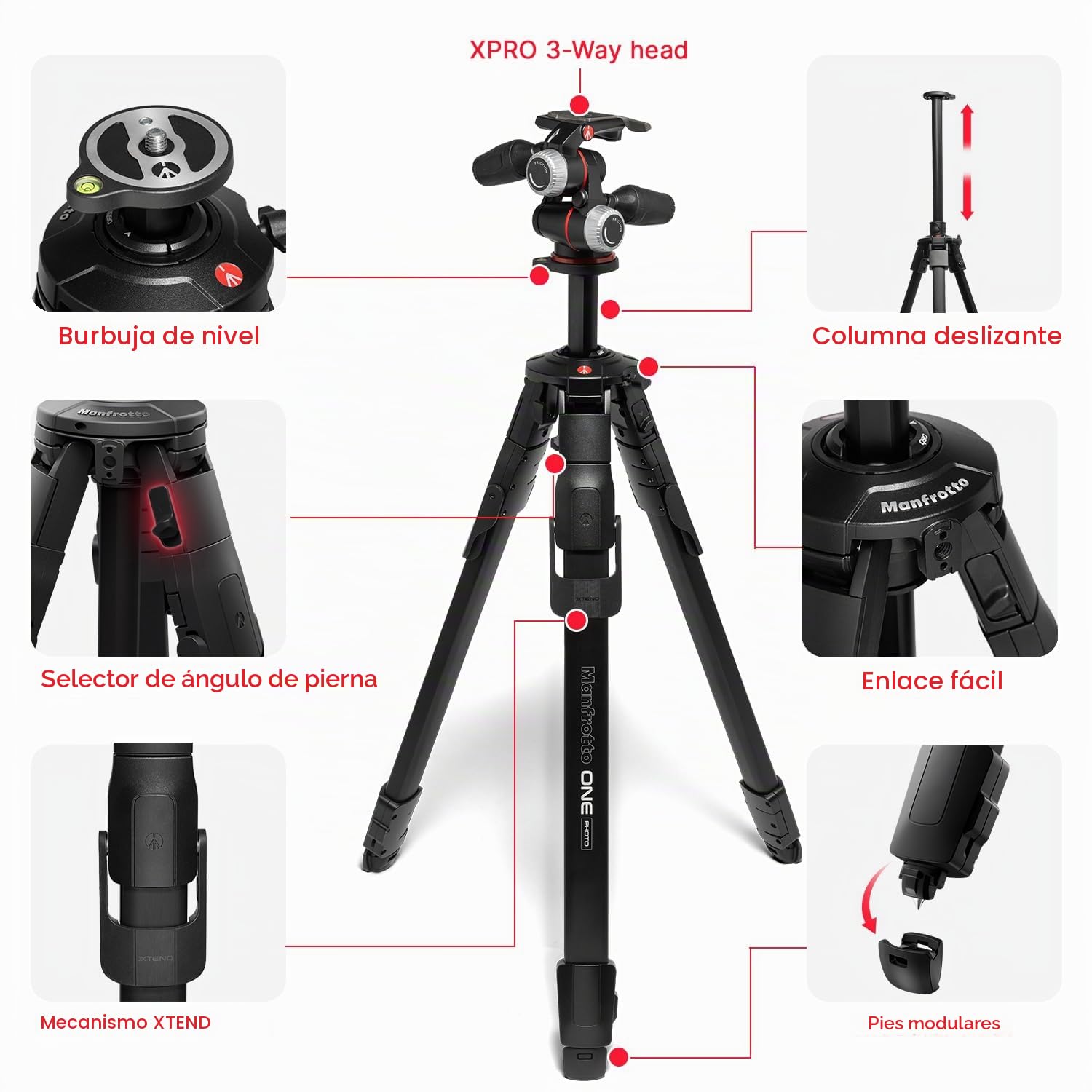 Manfrotto One Photo, Kit Trípode de Aluminio + Rótula XPRO 3‑Way, 12 kg de Carga, Columna 90°, Patas XTEND, Columna Deslizante, Pies Modulares, para Cámaras DSLR y Mirrorless