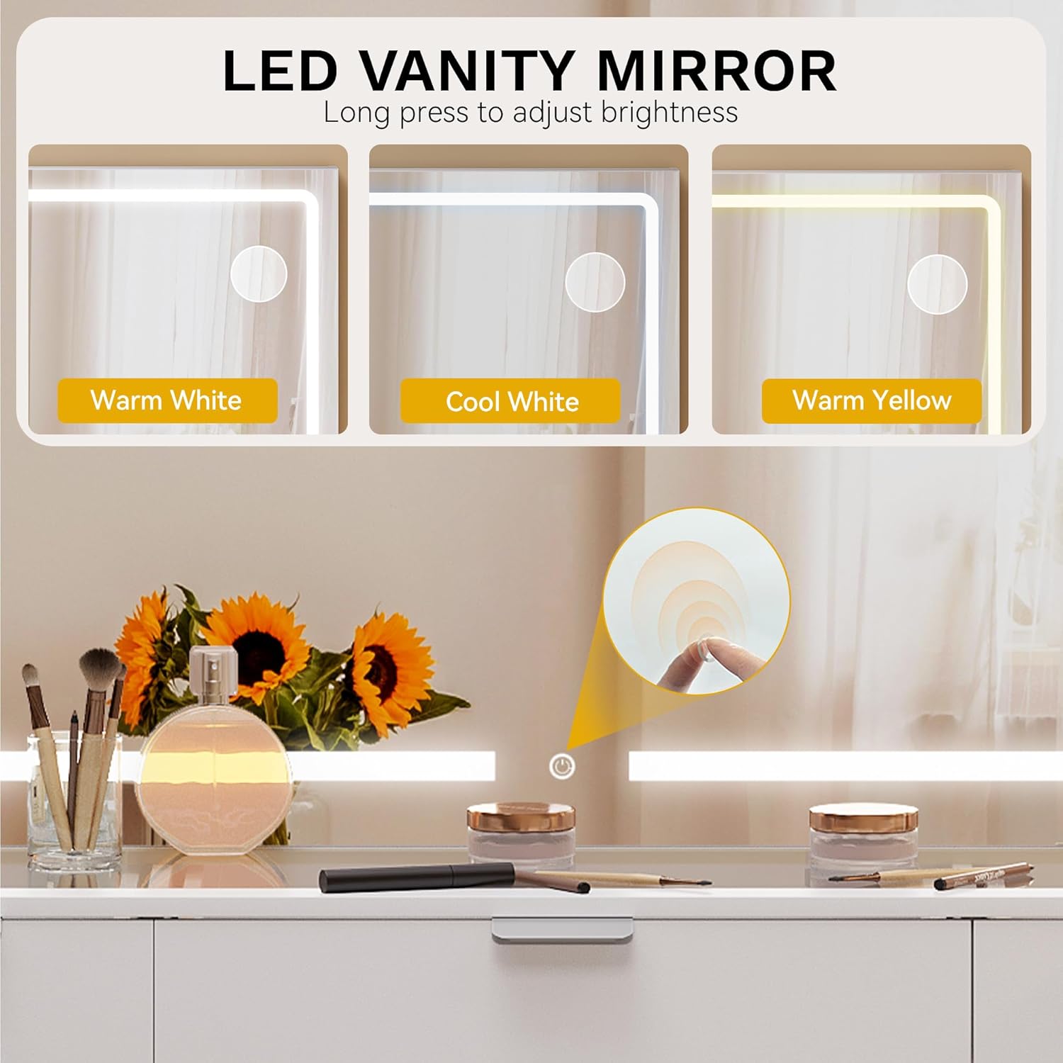 Close-up of the LED vanity mirror showing the touch control for adjusting light color and brightness.