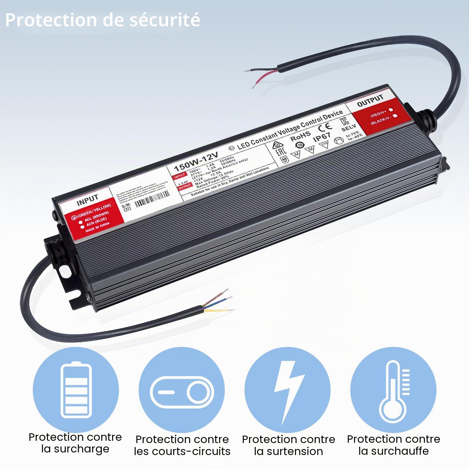 Transformateur 220V 12V LED Driver 150W Etanche IP67 Extérieur Transfo 12,5Adaptateur Alimentation,220V AC à 12V DC Convertisseur,d'alimentation Basse Tension Transfo LED de Tension Constante