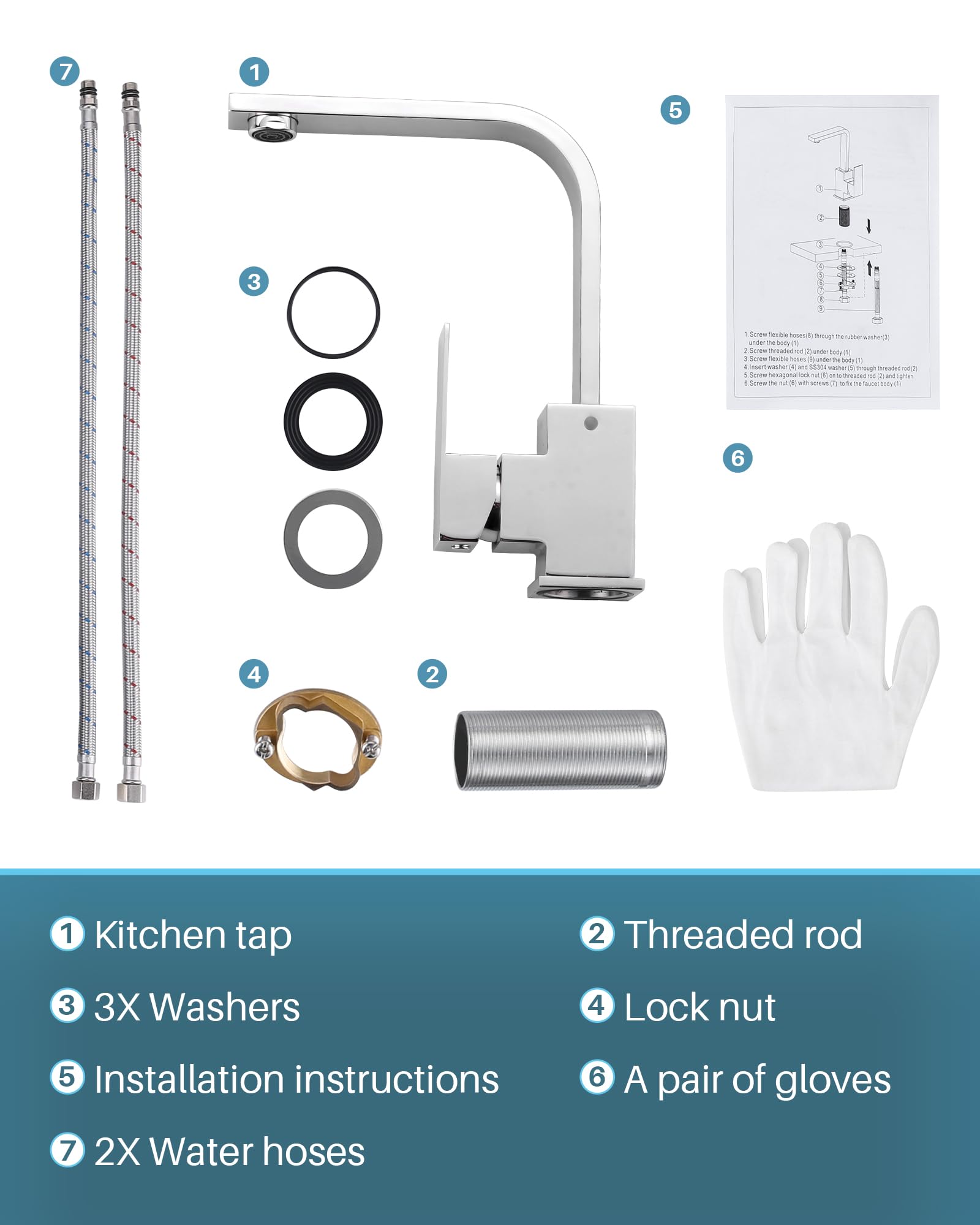 Robinet de cuisine haute pression en acier inoxydable, pivotant à 360°, mitigeur d'évier, mitigeur, chromé (Chrom)
