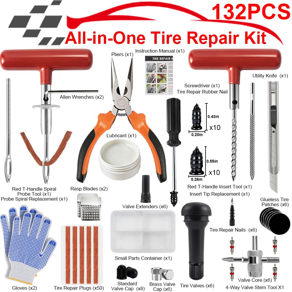 Kit de reparación de neumáticos de 132 piezas, kit de tapones de neumáticos resistentes con clavos de goma, tapones de rosca, herramienta de extracción de vástago de válvula, mango en T, kits