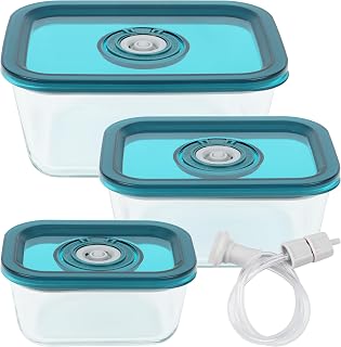 Avid Armor Borosilicate Glass Vacuum Containers Set of 3 (12.5oz, 23.7oz, 38.9oz) - BPA-Free, Microwave Safe, Green Date Lids, Hose for Sealers