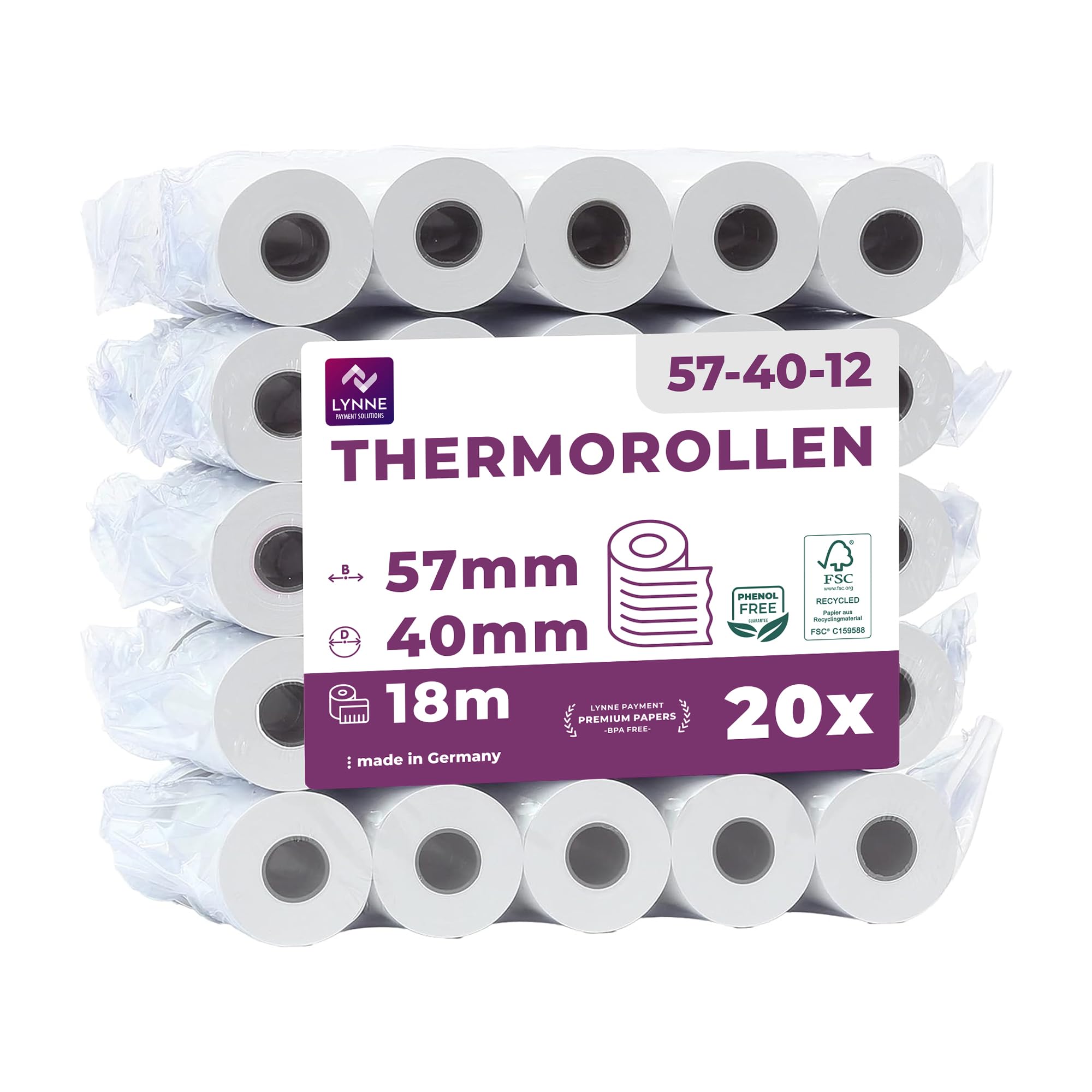 Ec-Cash Thermorollen 57mm x 18m x 12mm - Kassenrollen - Thermopapier - Bonrollen für Bankomat - Kredit-Kartenlesegeräte (57x40x12) mit SEPA-Lastschrifttext (20 Rollen)