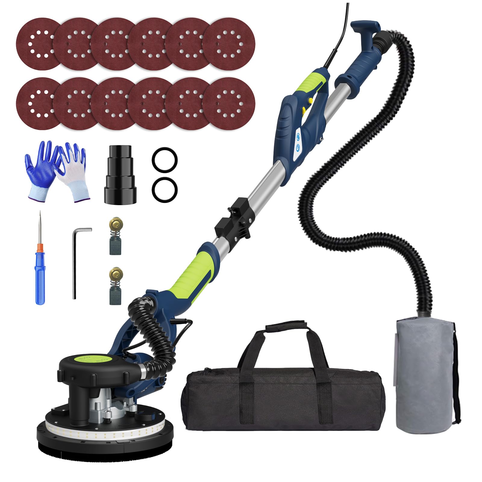 Drywall Sander with Vacuum, IMQUALI® 6.8A 750W Electric Sander Tool with 7 Variable Speed 800-1750RPM, Popcorn Ceiling Removal Tool, Extendable Handle, LED Light, 12pcs Sanding Discs, Navy Blue, I01G