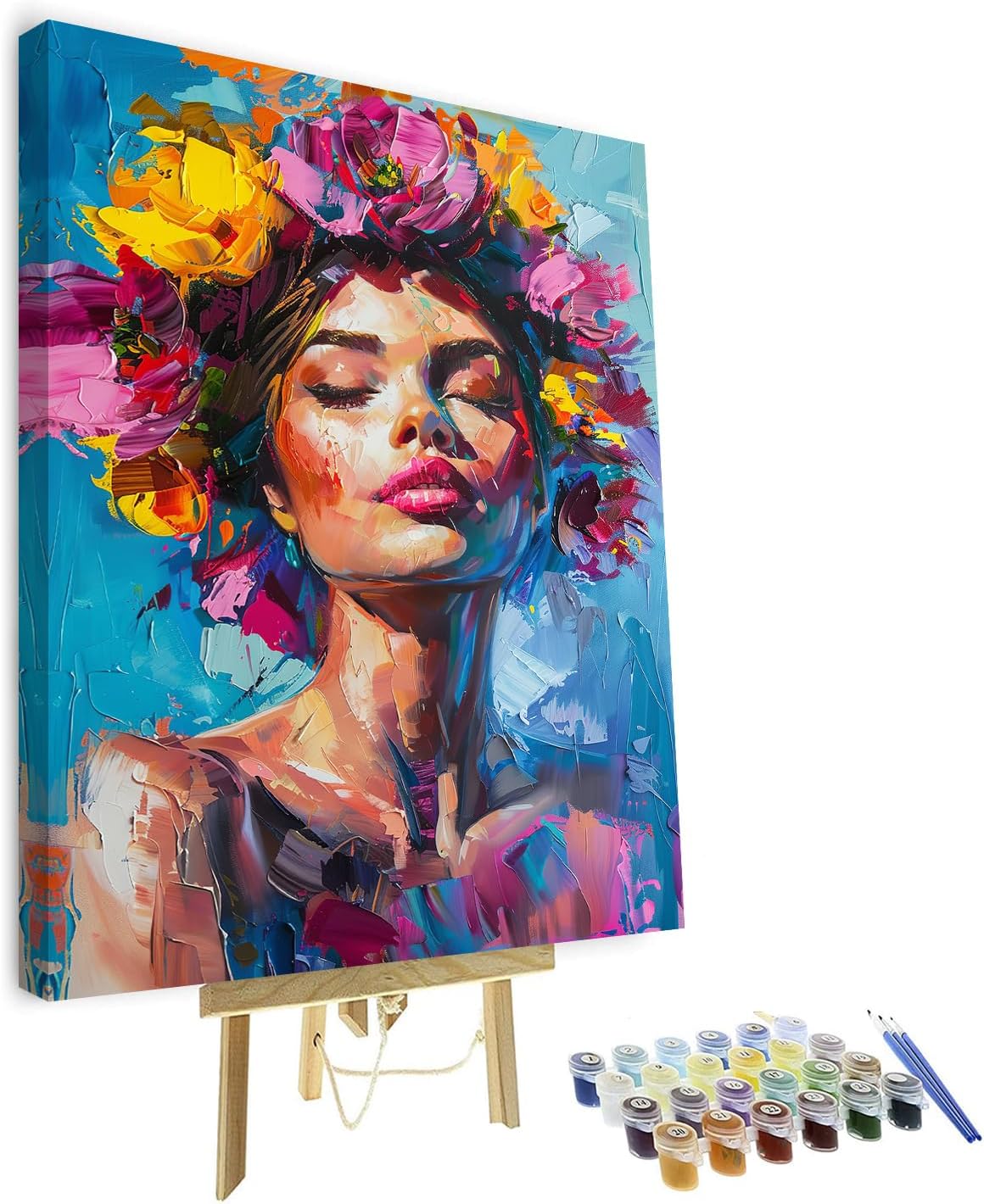 Oil Painted Woman Portrait Paint by Numbers Kit for Adults, Abstract Flowers DIY Paint by Numbers, Modern Paint Strokes Colorful Art Paint by Numbers Kit for Adults Canvas Arts 16"x20" with Frame
