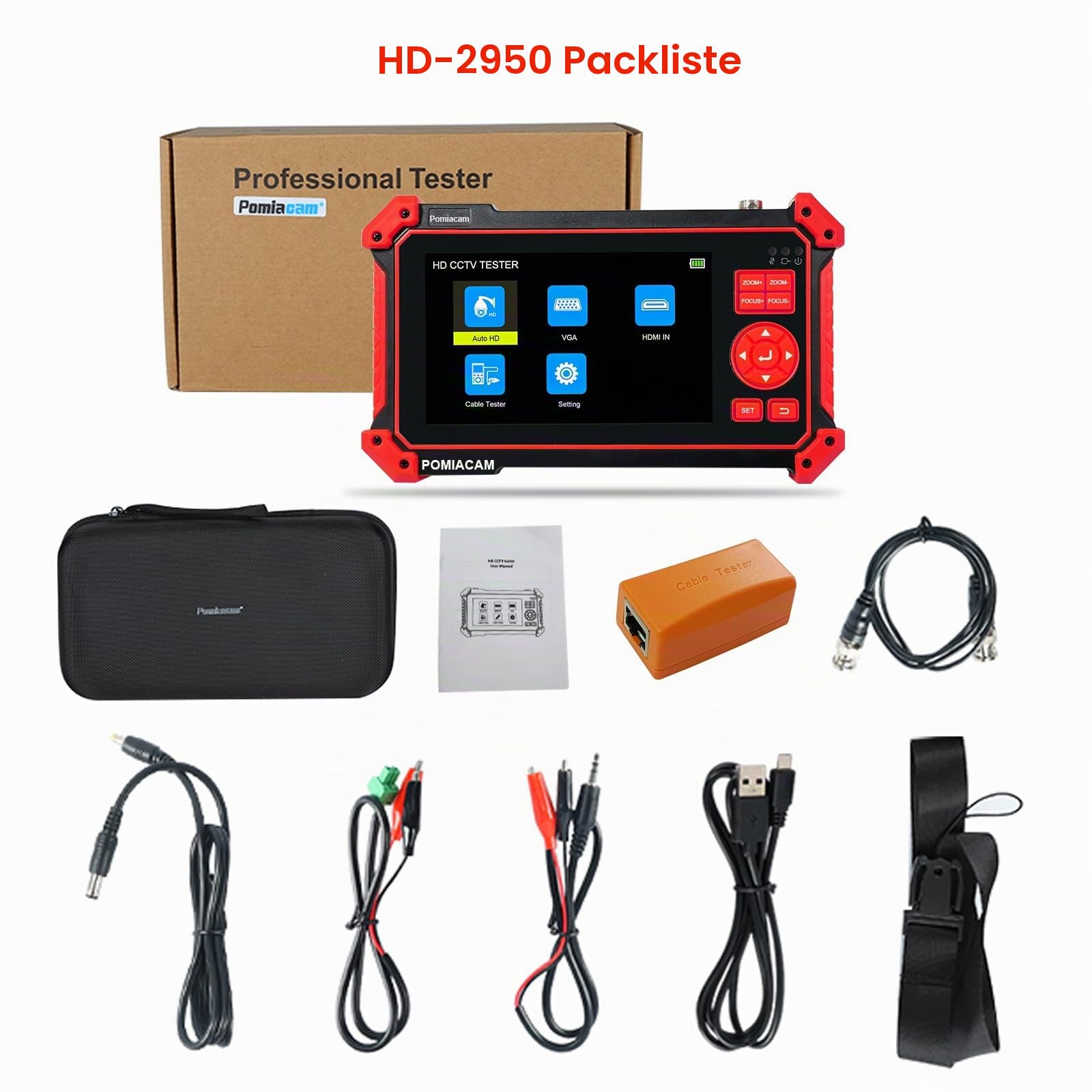 CCTV-Kameratester, HD-2950, 8 MP TVI CVI AHD CVBS Analog-Kameratester, 12,7 cm (5 Zoll), TFT-LCD-Bildschirm, UTP-Kabeltest, HDMI- und VGA-Eingang, RS485 PTZ-Steuerung, Audio-Test, 12 V