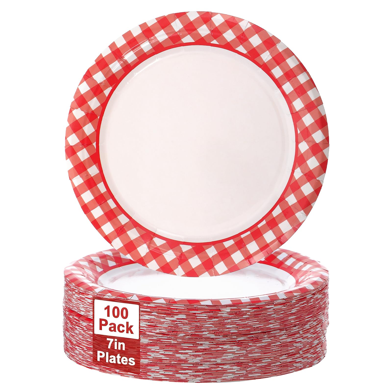 Photo 1 of 100 Pcs Red and White Gingham Paper Plates 7" Red Gingham Checkered Plaid Dessert Plates Disposable red and White gingham Party Supplies for Picnic Barbecue Baby Shower Birthday Party Decorations