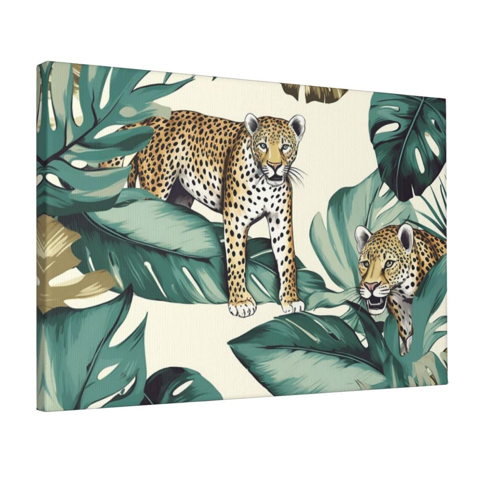 Canvas Wall Art for Living Room Wall Decor 12"x18" Modern Artwork Painting Pictures Hanging Canvas Prints Leopard And Palm Leaves Aesthetic Wall Art for Bedroom Bathroom Office Wallart Decor