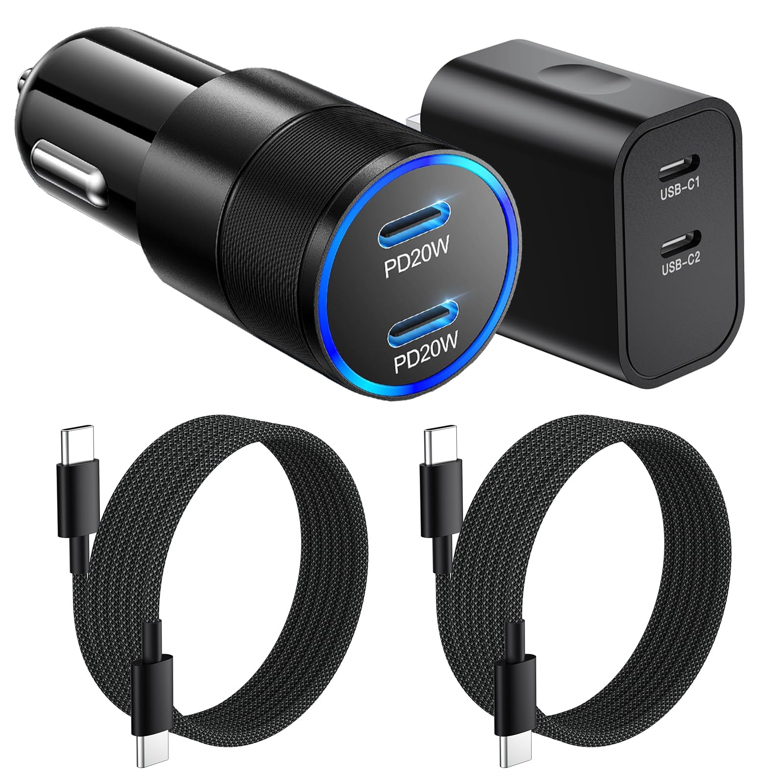 Dual USB C Car Charger,40W 2-Port USB C Fast Car Charger Cigarette Lighter + 20W Dual USB C Wall Charger Block+2 Pack USB-C Braided Cable for iPhone 15/15 Plus/15 Pro/15 Pro Max/iPad Pro/Air/Samsung