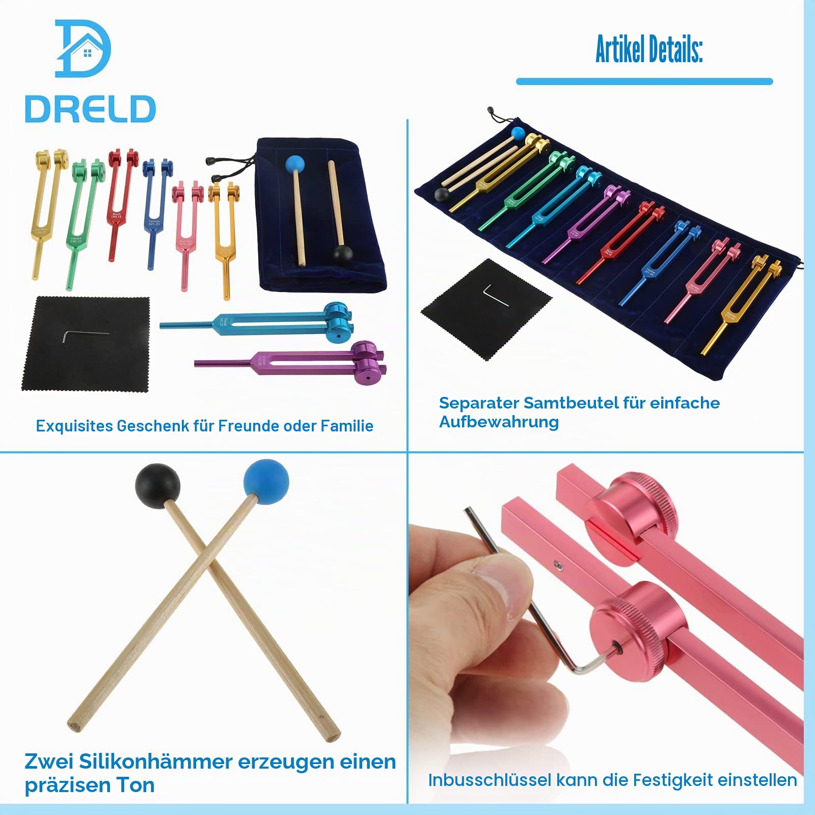 DRELD Chakra Stimmgabel Set. 7 Chakra und 1 Seelenzweck gewichtete Stimmgabel Solfeggio Stimmgabel set mit 2×Silikonhammer. 1×Tasche. 1×Reinigungstuch für Heilung Klangtherapie Vibration (Bunt. 8 STK)