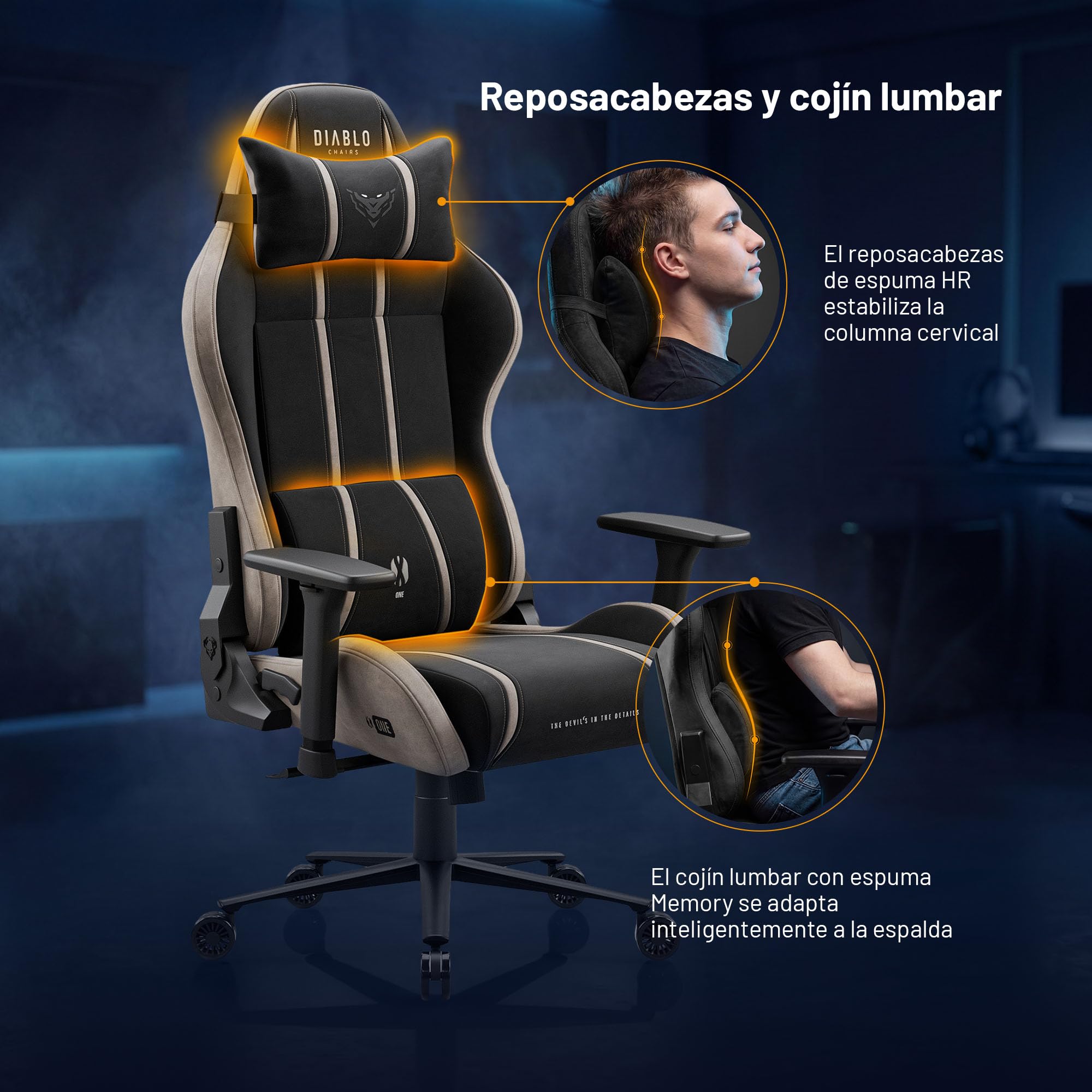Diablo Silla Gaming ergonomica Tela Transpirable Silla Gamer giratoria hasta 140 kg Respaldo reclinable 140 Grados reposabrazos 3D Ajustables cojin Lumbar reposacabezas Oficina Camel Black
