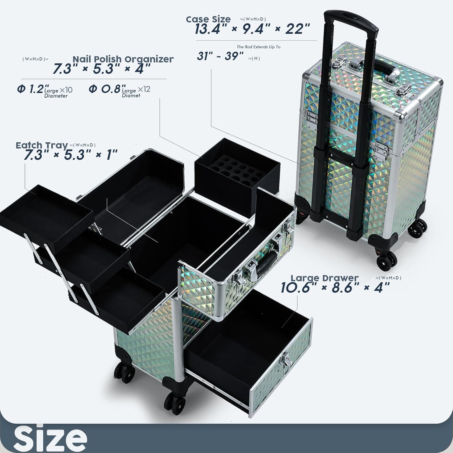 Hododou Blue Rolling Makeup Case with Drawer Travel Trolley Cosmetology Case on Wheel Makeup Storage Salon Barber Case Traveling Cart Trunk for Cosmetologist Nail Tech Hairstylist
