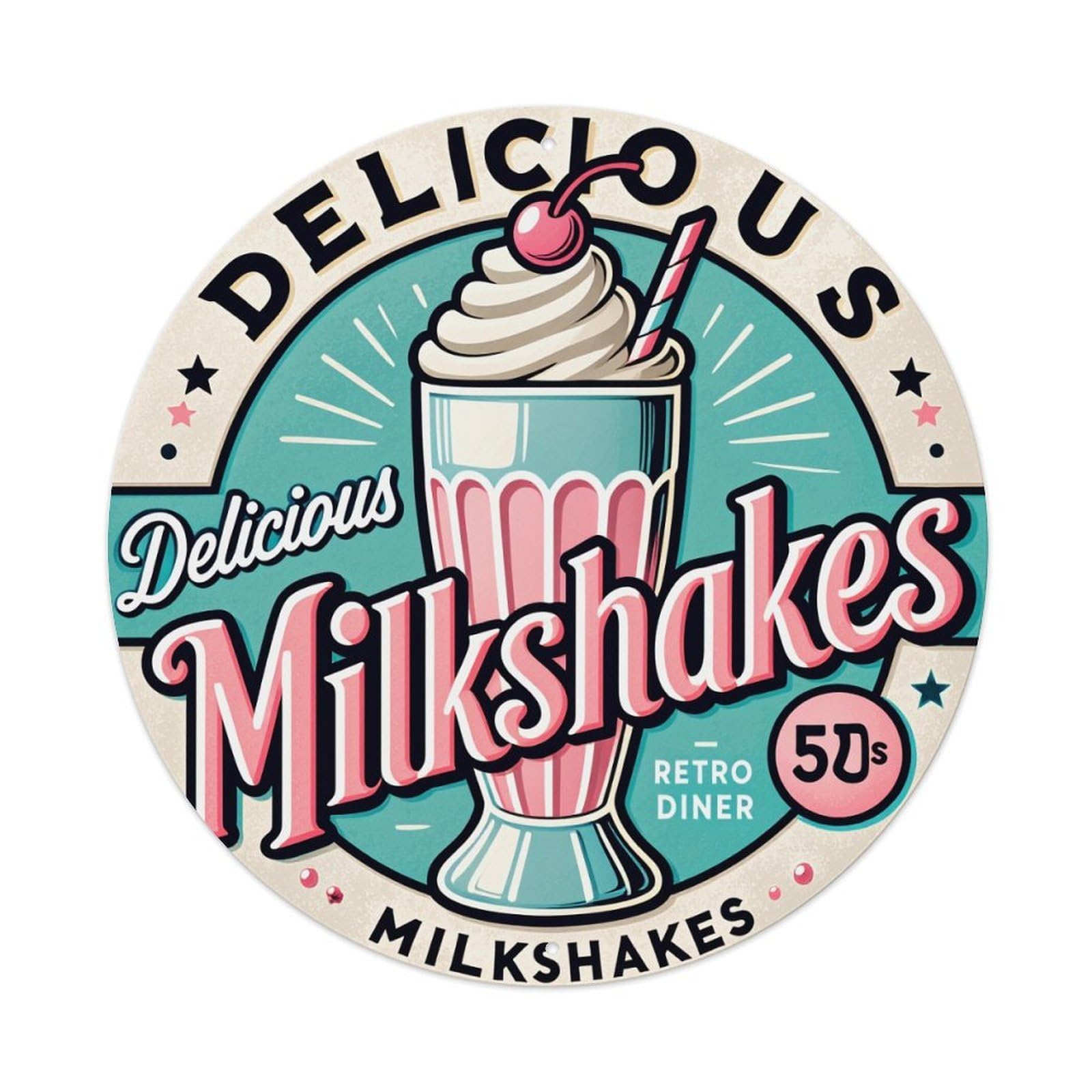 Retro Diner Milkshake Design Pattern Round Tin Sign Retro Metal Sign for Cafe Bar Pub Home Game Room Gym Club Wall Decoration Vintage Metal Poster 8x8 Inch