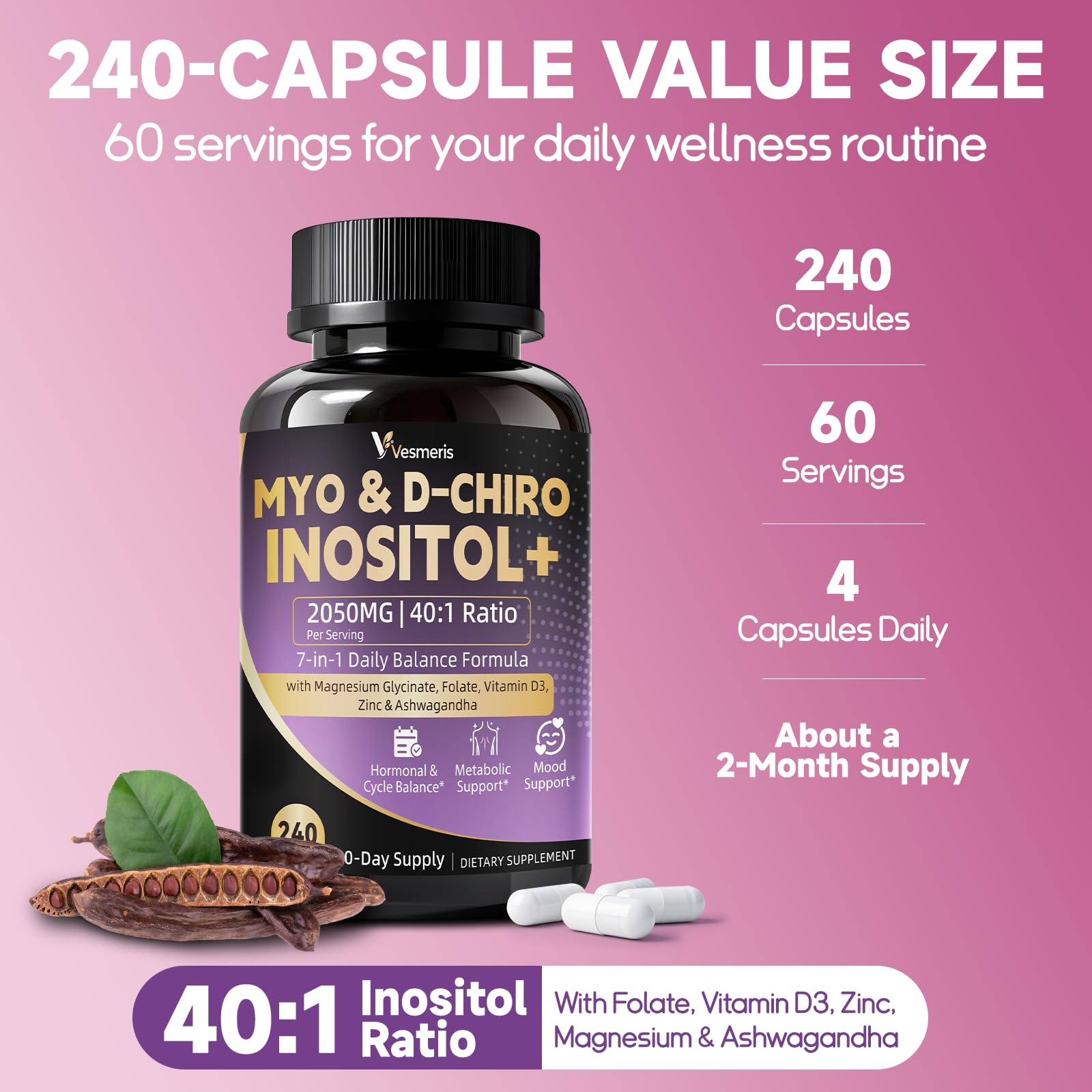 7-in-1 Myo-Inositol & D-Chiro Inositol Supplement for Women, 240 Vegan Capsules, Ideal 40:1 with Folate, D3, Zinc, Magnesium, Ashwagandha for Hormonal Balance, Calm Mood, Ovarian Support, Non GMO — Amazon image 8