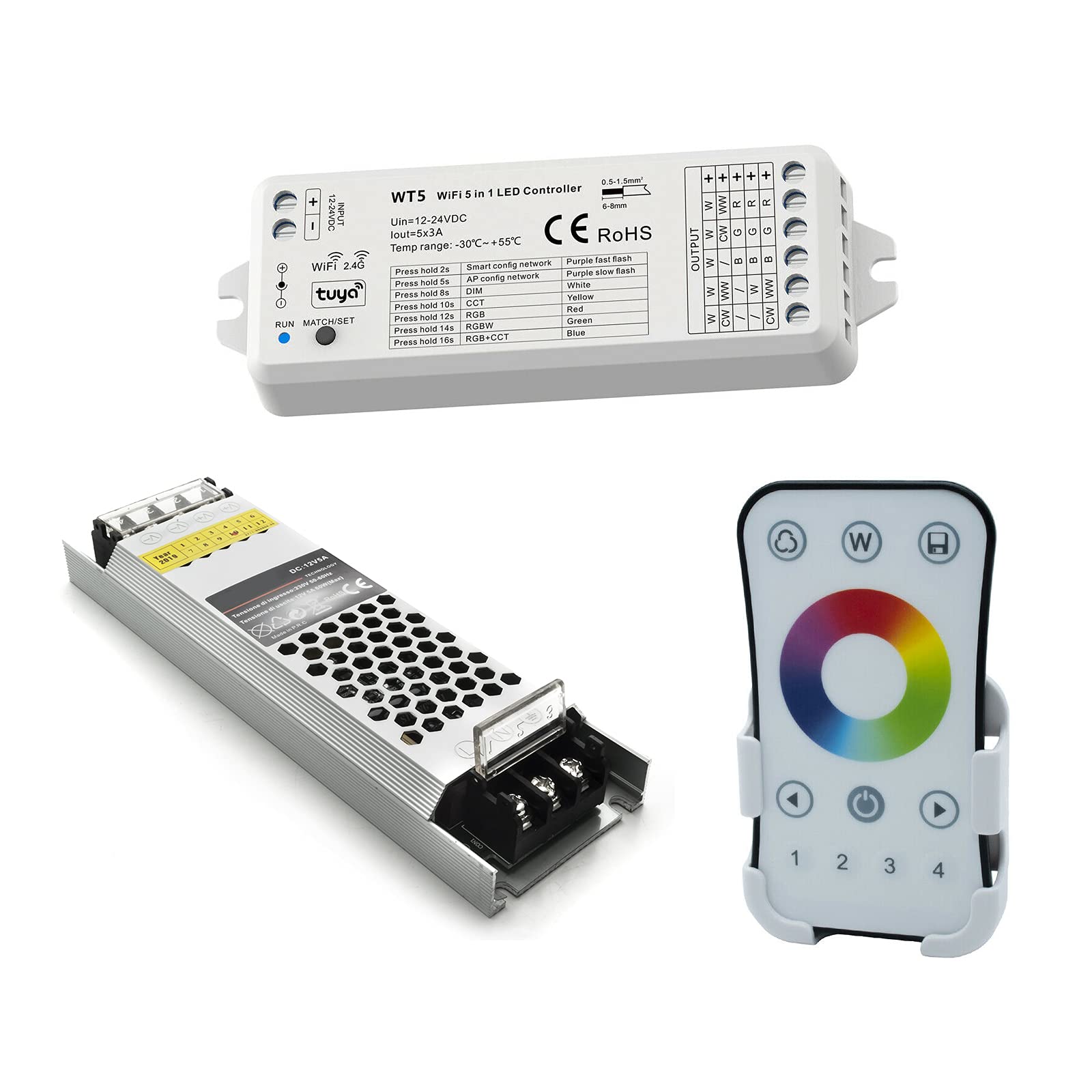 planetitaly Kit de chromothérapie, bande LED, lumière colorée intérieure, RGB, Wi-Fi, télécommande RF 12 V, contrôle vocal Amazon Alexa Google Home 5 mètres