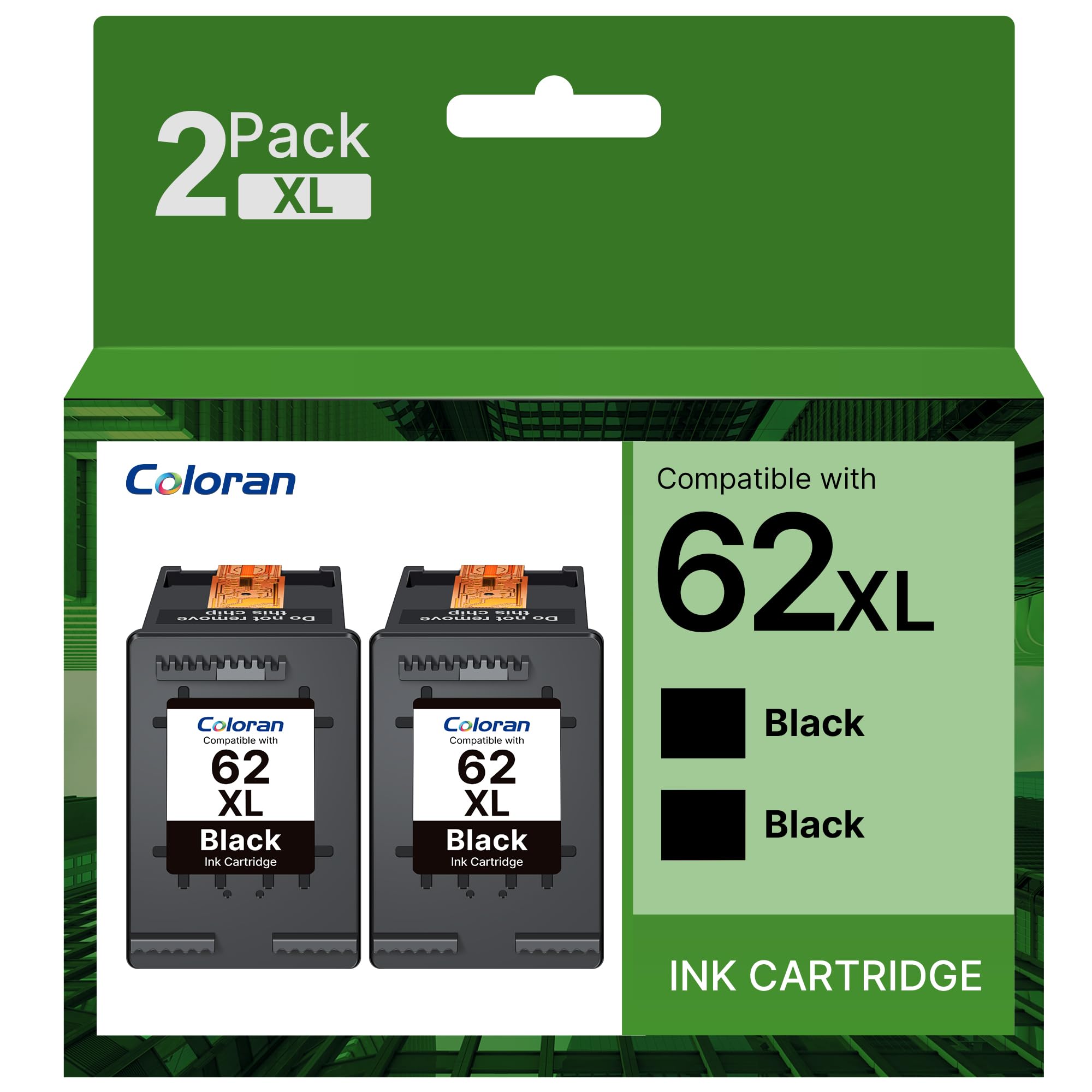Coloran 62XL Black Ink Cartridges for HP 62 XL, Compatible for Envy 5540 5541 5542 5543 5544 5545 5546 5547 5548 5640 5642 5644 7640 OfficeJet 200 250 5740 5742 5744(2 Black)