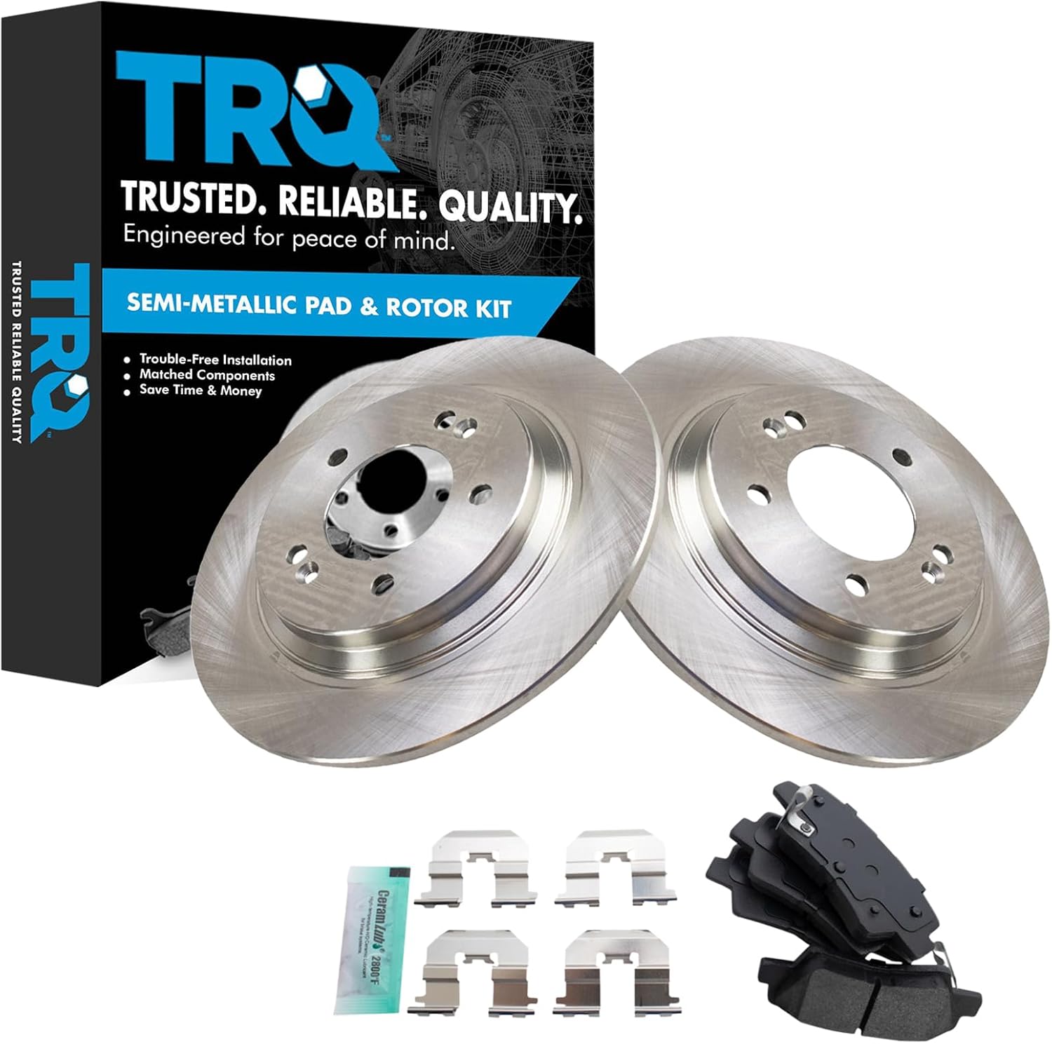 TRQ Rear Brake Pad & Rotor Kit Semi-Metallic Compatible with 2016-2017 Hyundai Azera 2015 Sonata 2014-2016 Kia Cadenza 2013-2016 Optima Soul EV