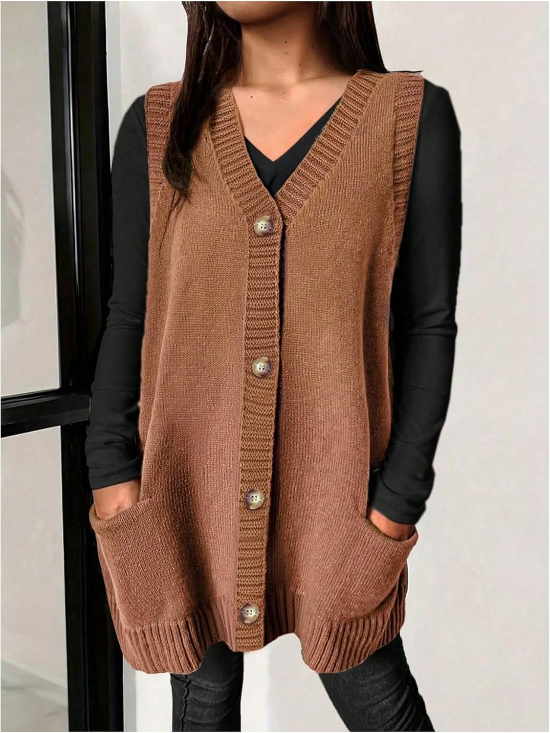 Women's Plus Size Button Down Sweater Vest Dressy Casual V Neck Sleeveless Knit Cardigan with Pockets - Image 2