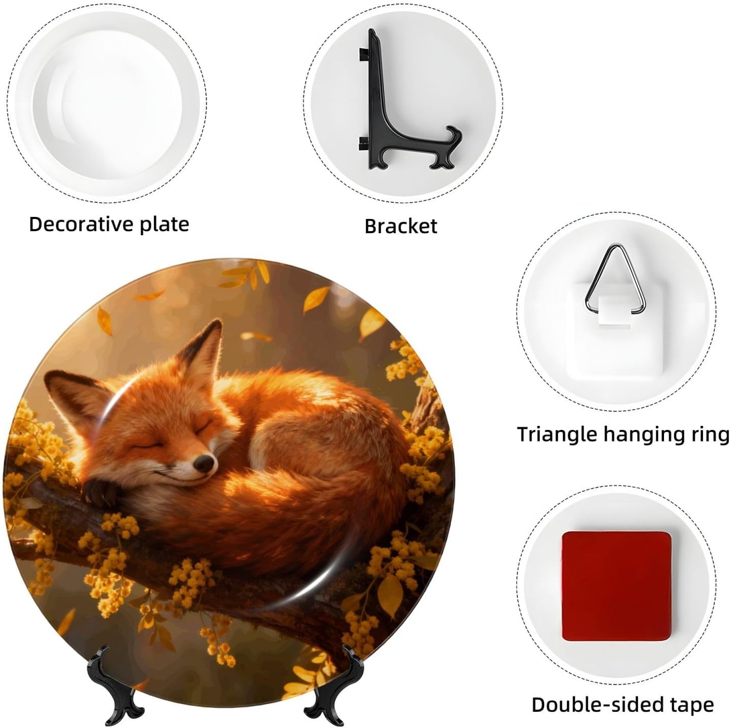 The Fox Sleeps Style Ceramic Plate Display Decorative Plate With Stand Wall Hanging Plate For Home Decor 10 Inch