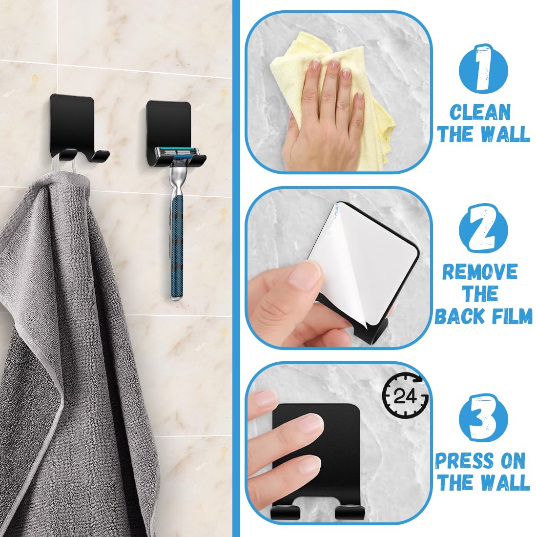 Porta Rasoio Doccia, Gancio Doccia, Supporto Rasoio, Ganci Porta Rasoio Autoadesivi, Ganci Adesivi, Shower Holder, Ganci Adesivi per Bagno Cucina Toilette Ufficio (3 Pezzi, Nero)
