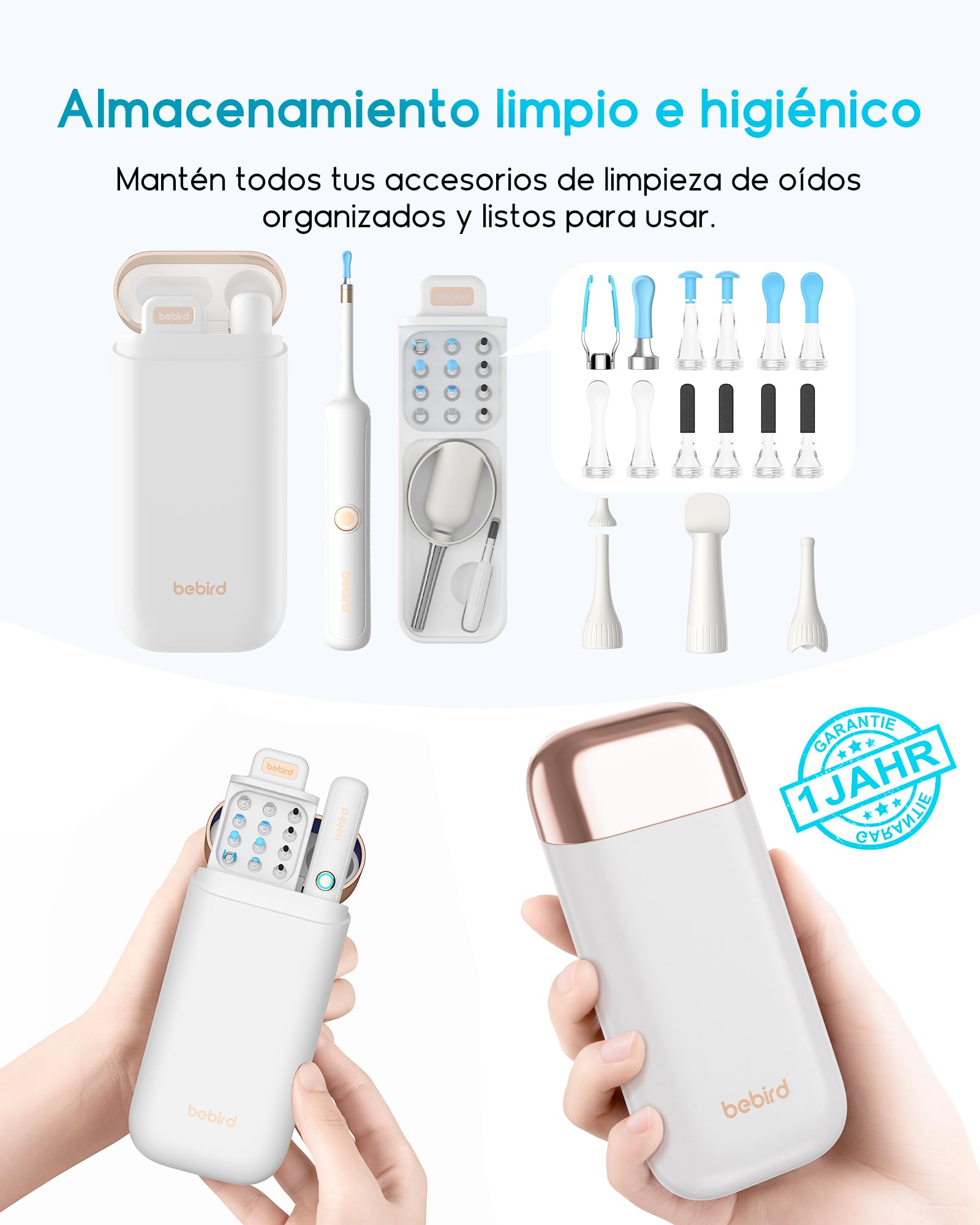 BEBIRD Otoscopio Orecchio, 1080P HD 3,5mm Camera Orecchio, Otoscopio Endoscopio Fotocamera 4,5mm WIFI con 6 LED regolabili per Tablet Android iOS - Bianco